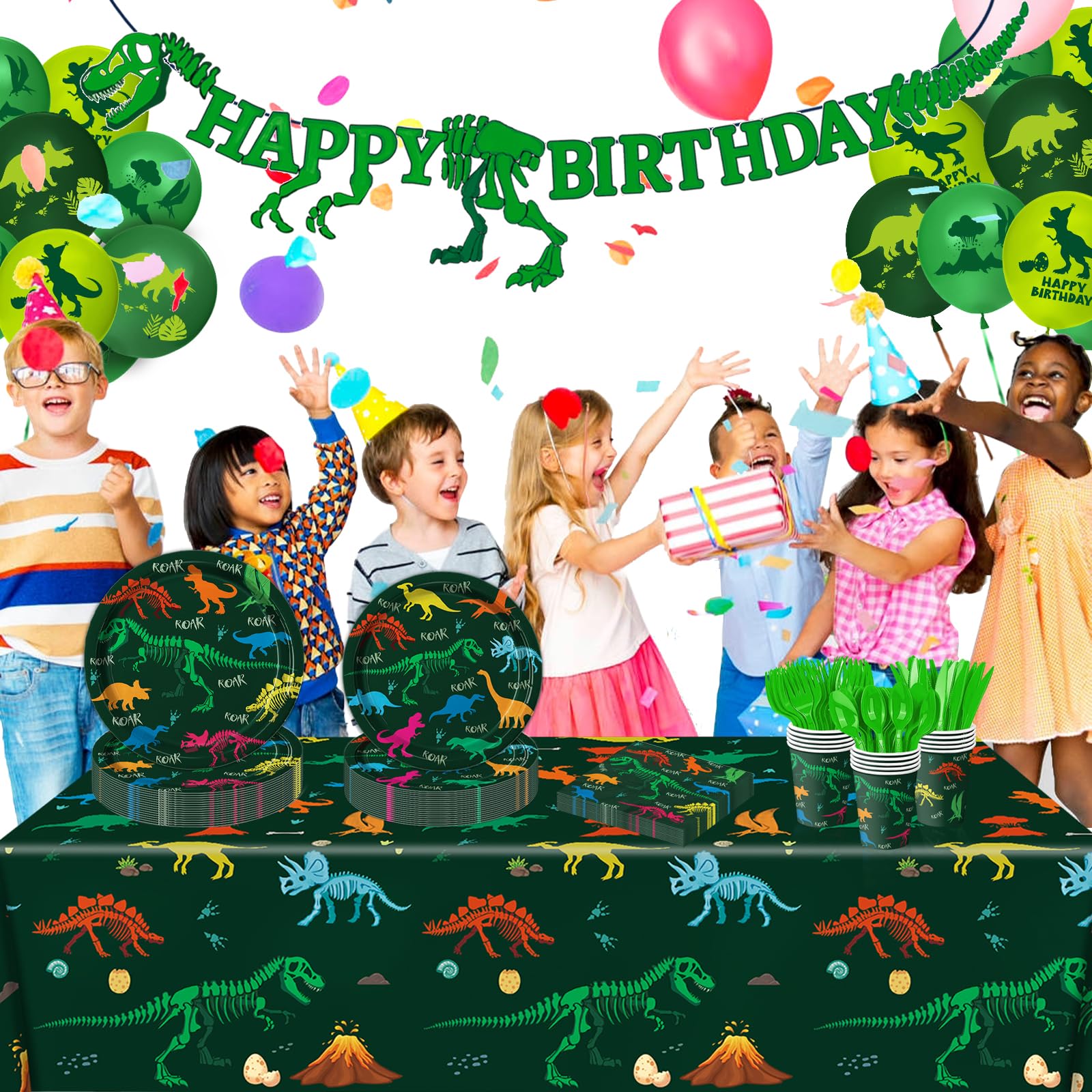 166 PCS Dinosaur Birthday Decorations, Dinosaur Party Supplies Includes Plates, Cups, Napkins, Cutlery, Banner, Tablecloth, Balloons for Dino Party Decorations, Serves 20