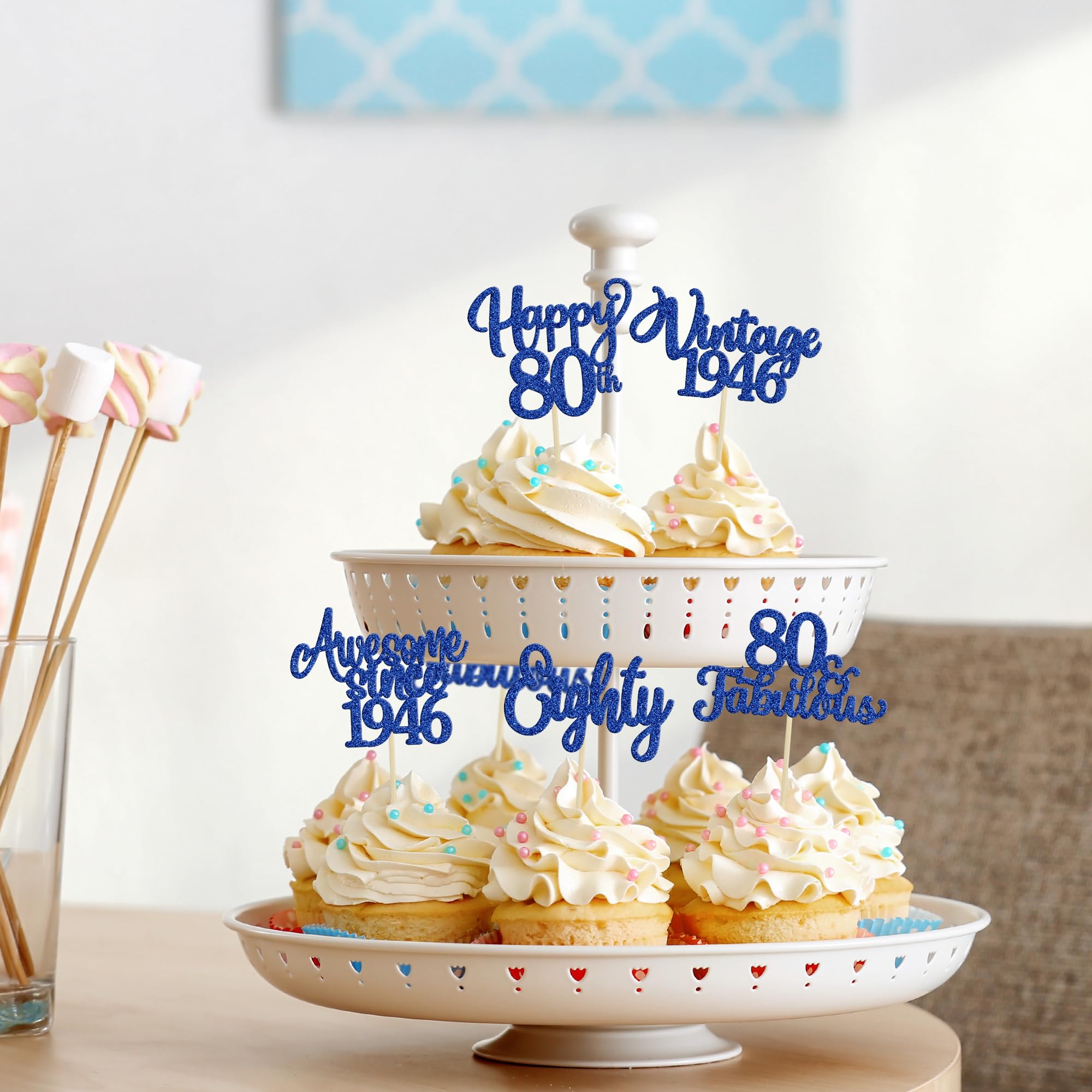 Ephlyn 30Pcs Happy 80th Birthday Cupcake Toppers Glitter Eighty 80 Fabulous Vintage 1946 Cupcake Picks for 80th Birthday Anniversary Retirement Party Cake Decorations Supplies Dark Blue