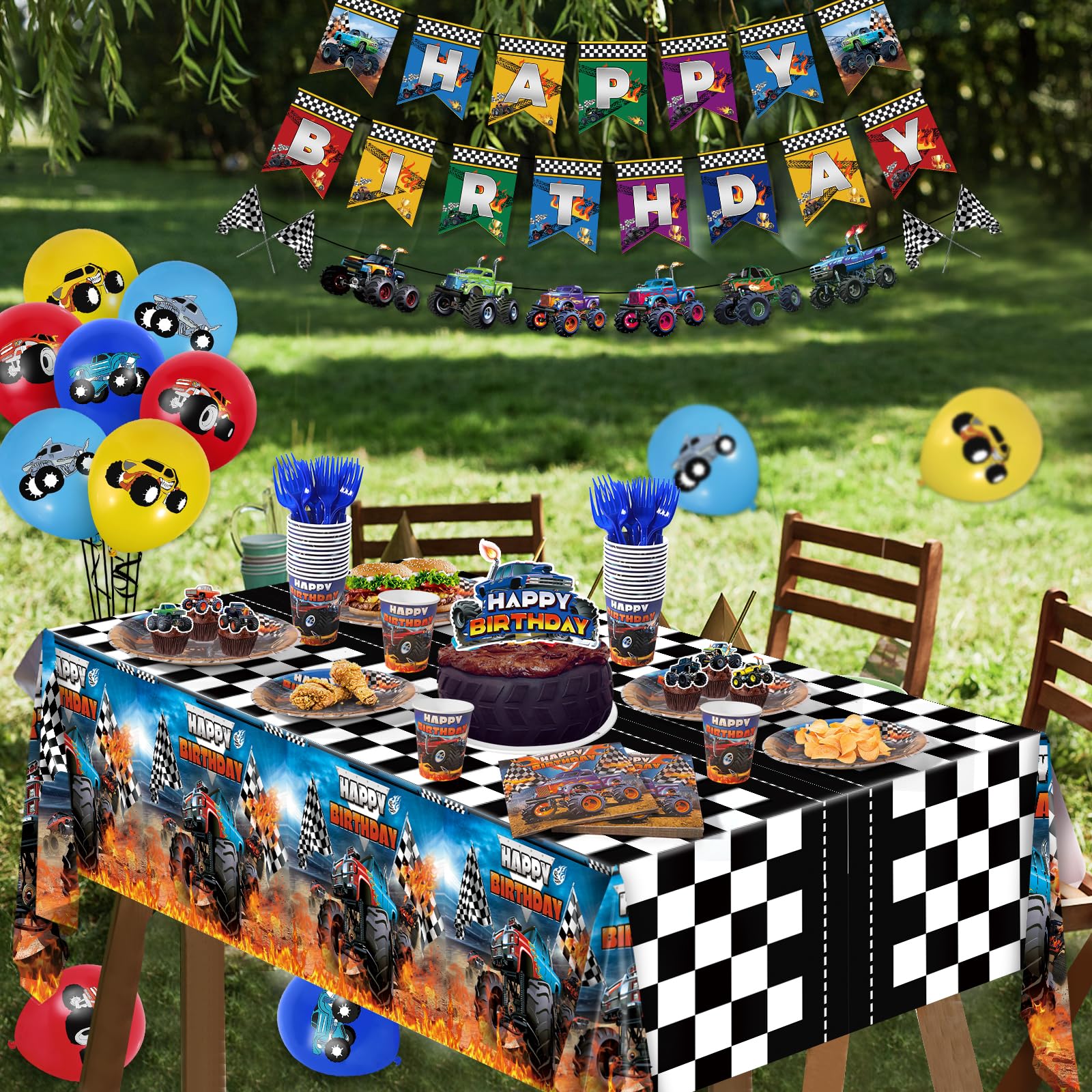 Monster Truck Birthday Party Decorations Tableware, Machines Jam Birthday Party Supplies Serve 24 with Balloons Plates and Napkins for Boys