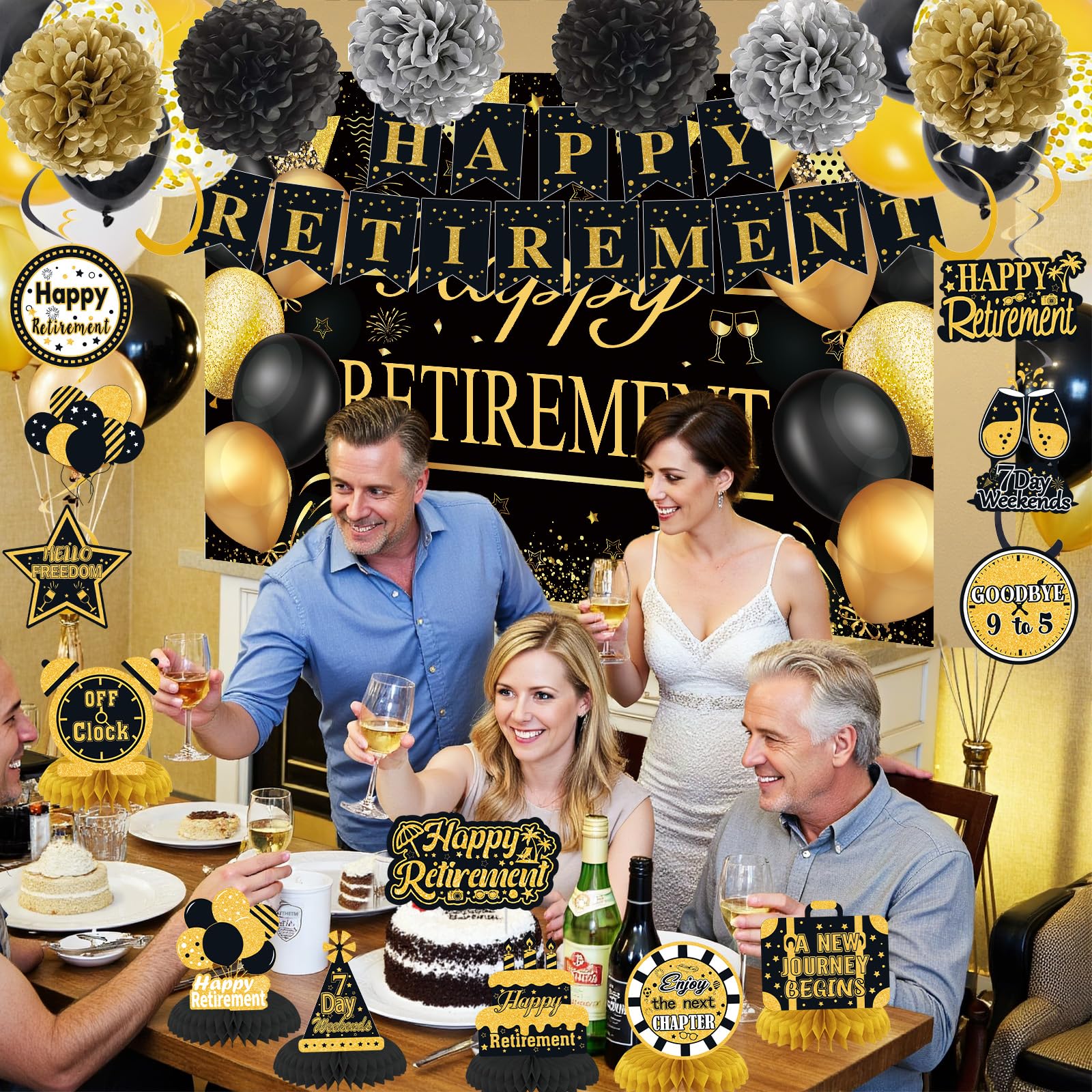Retirement Party Decorations for Men Women Black Gold Happy Retirement Banner Backdrop Balloons Paper Pompoms Honeycomb Centerpiece Cake Topper Hanging Swirl Set