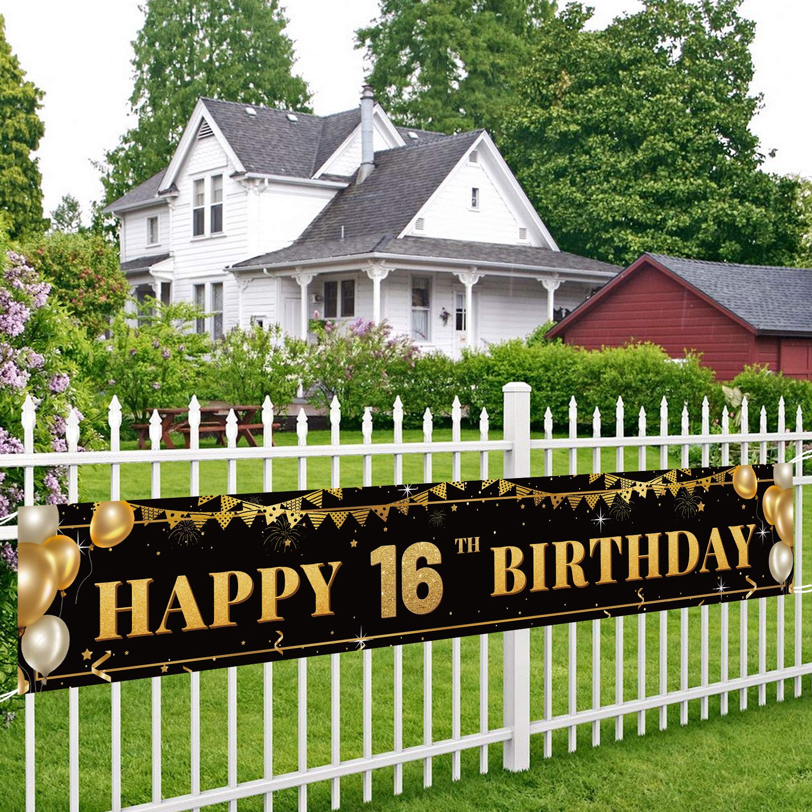 Large Happy 15th Birthday Decoration Banner, Black and Gold Happy 15th Birthday Banner Sign, 15th Birthday Party Decorations Supplies(9.8x1.6ft)