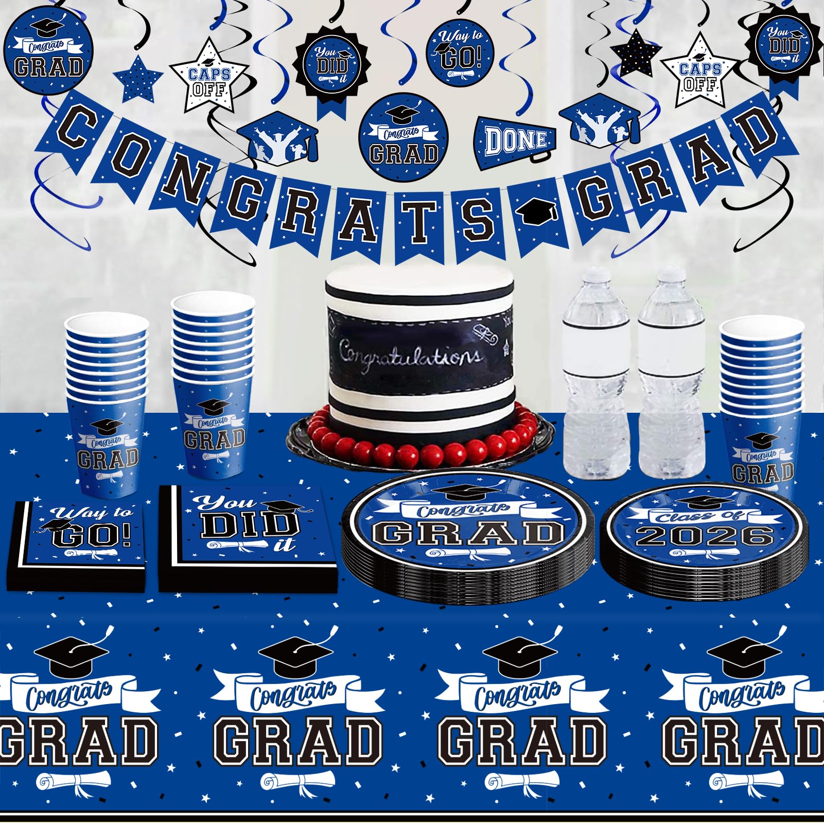 DAZONGE Graduation Decorations 2026 Blue, 265pcs Graduation Party Decorations 2026, Disposable Tableware Set for 50 Guests, Plates, Cups, Tablecloth with Congrats Grad Hanging Decor