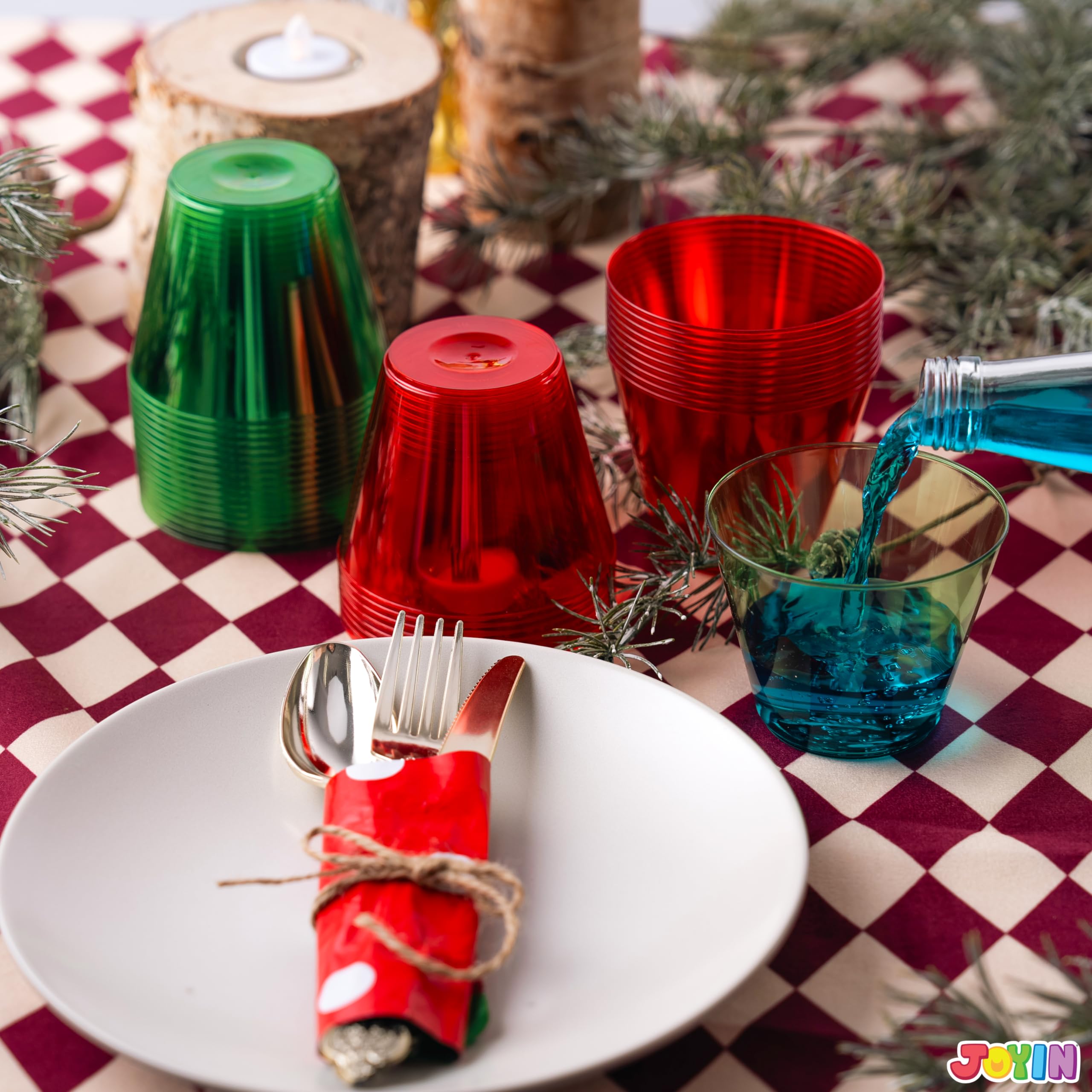 JOYIN 36 PCS Clear Disposable Plastic Cups, 9 OZ Christmas Red and Green Drinking Cups, Plastic Wine Glasses for Xmas Party Supplies, Wedding, Thanksgiving, Birthday, Holiday, New Year