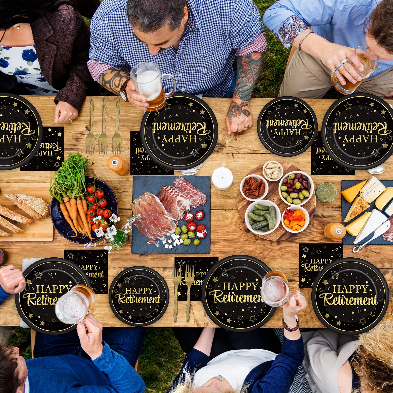50 Guests Retirement Party Decorations Retirement Plates Napkins Set Happy Retirement Black and Golden Disposable Dinnerware Tableware Graduations Decorations Supplies Favors for Women Men, 200Pcs