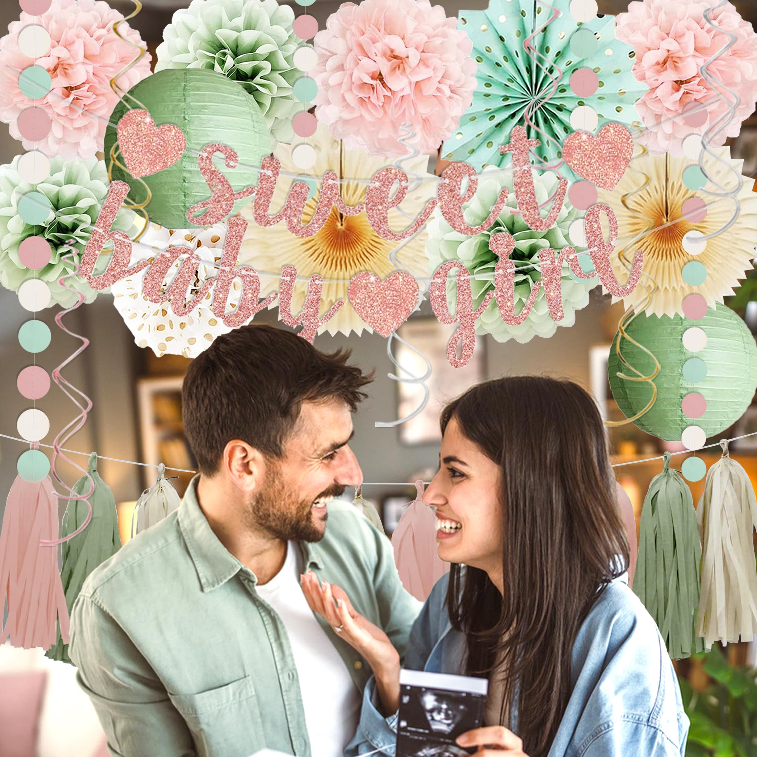 Sage Green and Blush Pink Baby Shower Decorations - Sweet Baby Girl Banner, Olive Green Lanterns, Streamers, Tissue Pom Poms, Paper Fans, Pink Beige Boho Paper Tassel, Rustic Backdrop Decor