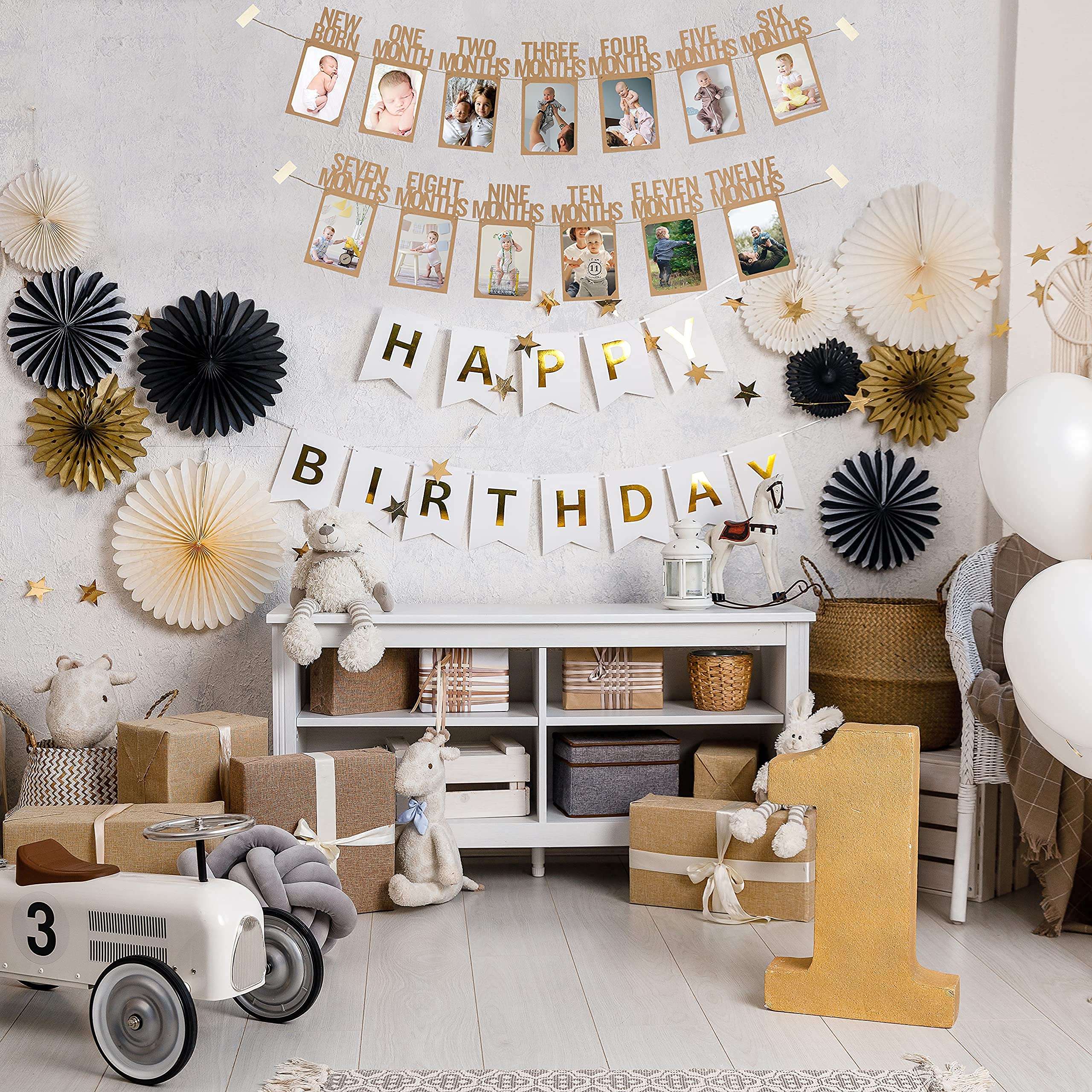 PartyHooman 1st Birthday Photo Banner for Baby from Newborn to 12 Months, First Birthday Decorations Boy or Girl Monthly Milestones Garland | 1 Year Old Photo Banner Pre-strung with Frame (Kraft)