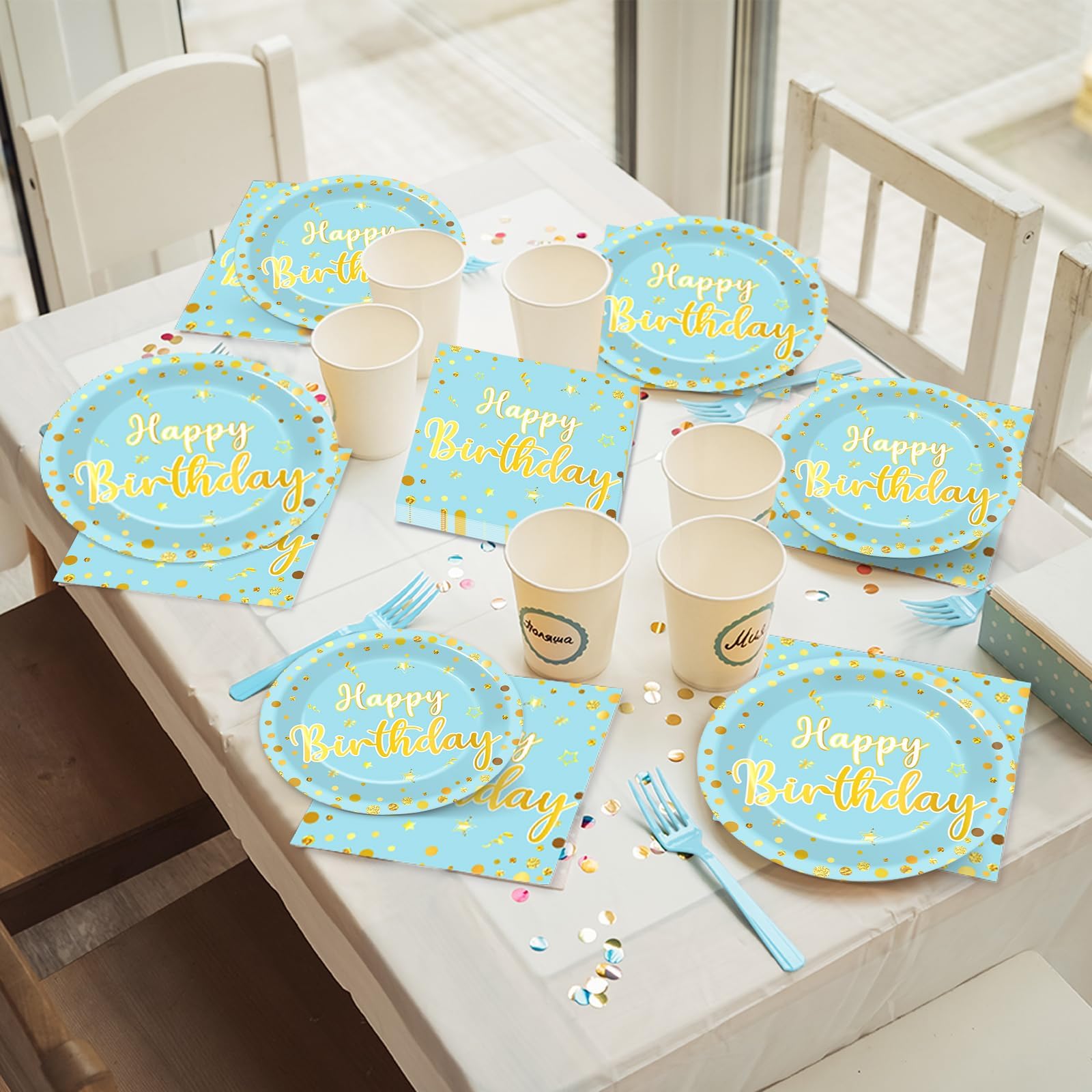 CHUNNIN 96PCS Blue Happy Birthday Plates and Napkins Happy Birthday Party Decorations Light Blue and Gold Dessert Plates Tableware for 24 Guests Kids Party Supplies