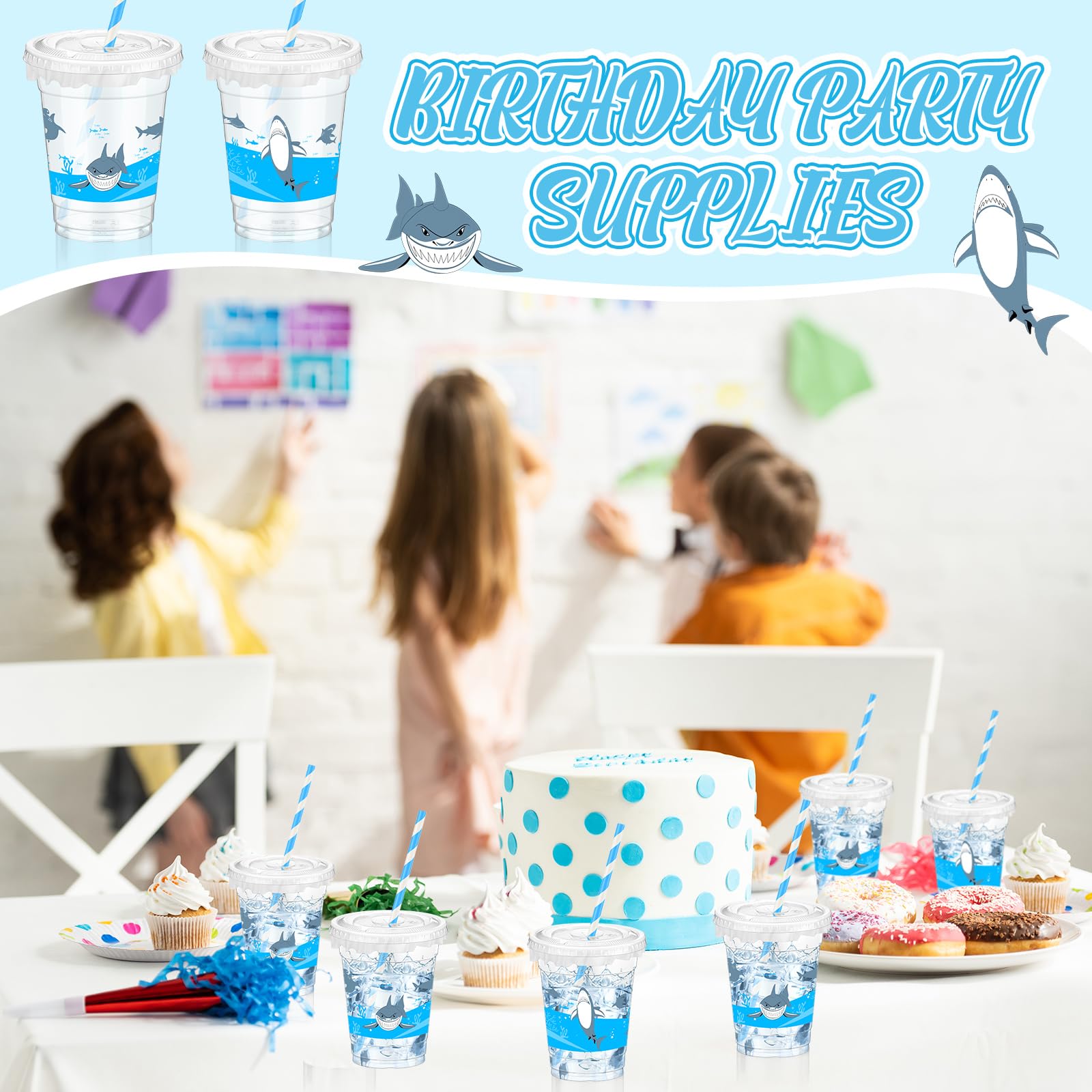 Teenyyou 50 Pcs 12 oz Disposable Plastic Cups with Straws, Lids and Leakproof Paper Clear Birthday Party Cups Supplies Birthday Table Decorations(Shark,Blue)