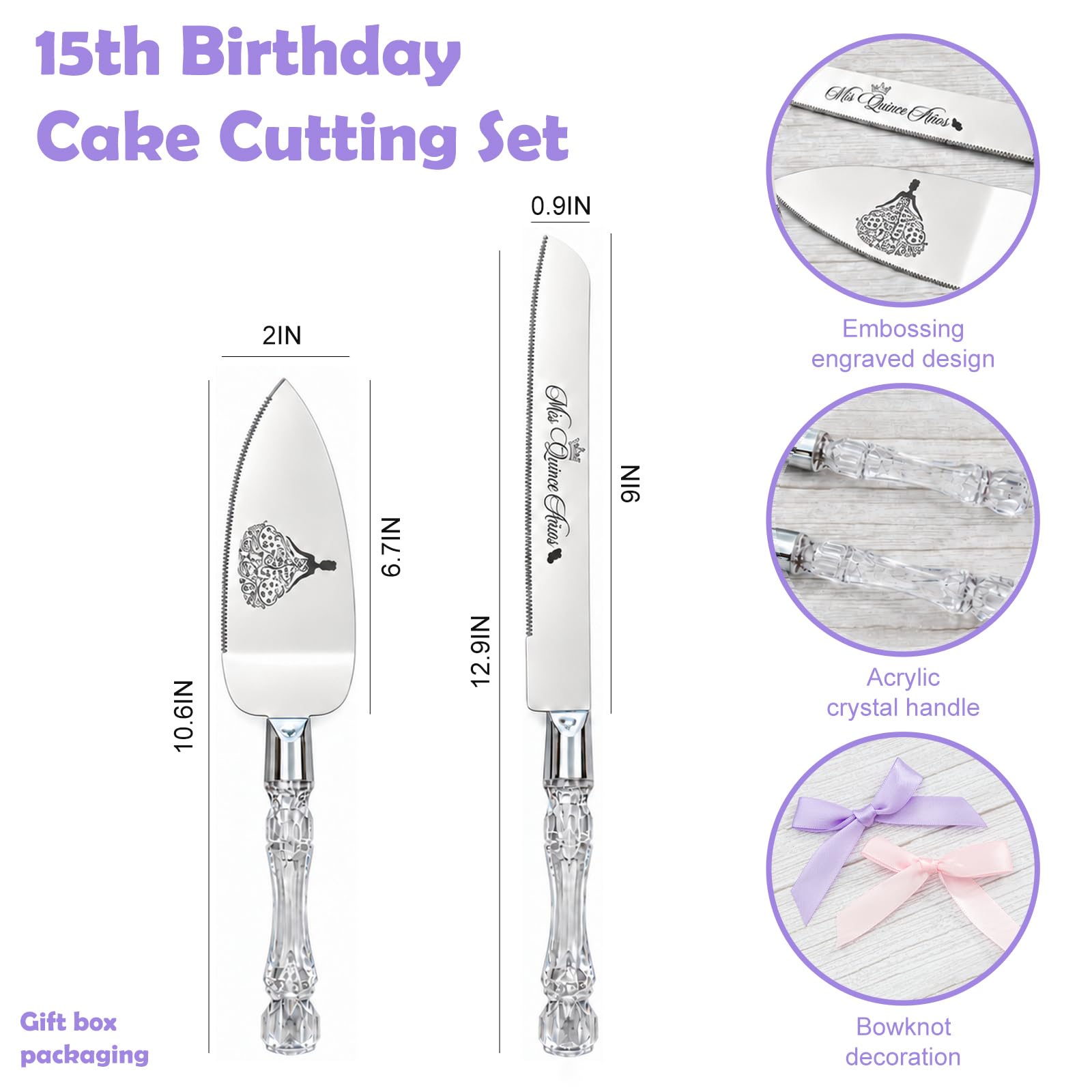 CQNET Mis Quince Años Quinceanera Cake Knife and Server Set - Sweet 15 Birthday Gifts for Girls, Feliz 15 Anos Party Decorations & Keepsake, Stainless Steel Cutting Set with Crystal Handles, Silver