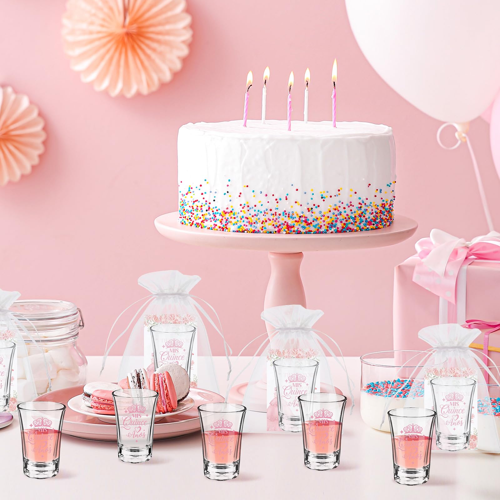 IANFEPH 50 Sets Quinceanera Party Favors for Guests Quinceanera Clear Acrylic Shot Glasses Thank You Cards Organza Bags Mis Quince Anos Sweet 15 Birthday Party Gift for Thanksgiving Christmas Supplies