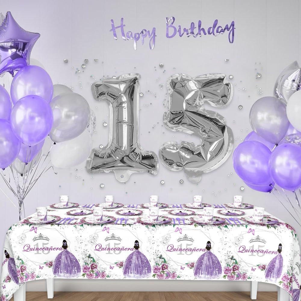 AIBIIN 194pcs Quinceanera Decorations 15th Birthday Decorations Party Plates, Cup, Napkin, Tablecloth, Tableware, Purple Disposable Quinceanera Birthday Party Supplies Plates Serve 24 Guests