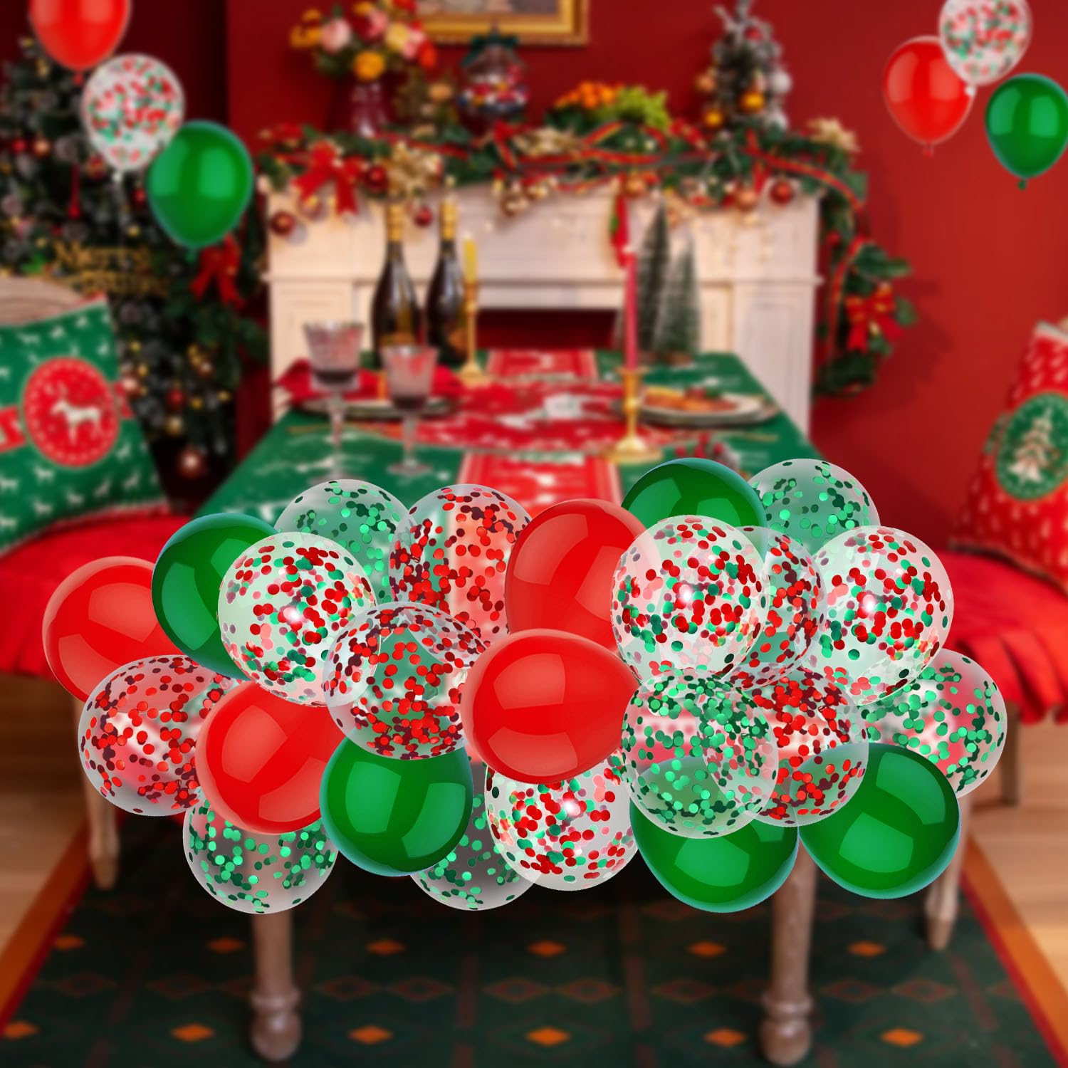 PheiLa 50 Pcs 12 Inch Red and Green Confetti Balloons Christmas Balloons with Ribbons Christmas Party Decorations for Xmas Color Themed Party New Year Baby Shower Birthday Party Supplies