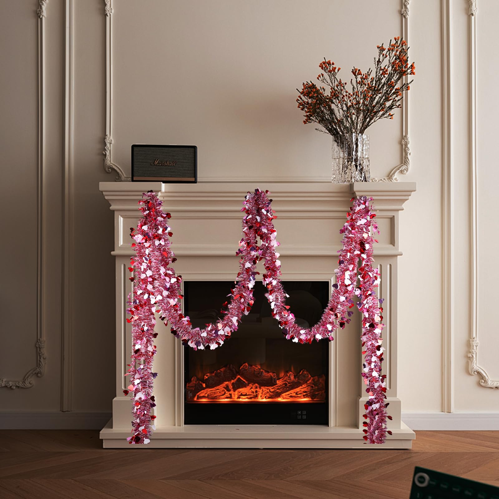 Valentines Garland Decor,50Ft Glitter Tinsel Heart Garland Decorations for Tree Mantle Bedroom Office Classroom Party Indoor Outdoor Holiday Home Pink Red White