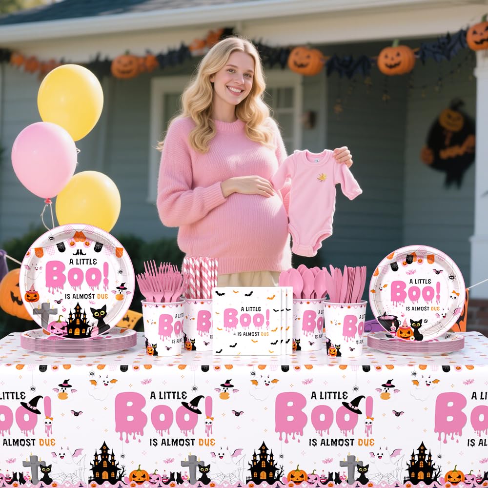AIBIIN 194Pcs Halloween Baby Shower Decorations for Girl A Little Boo is Almost Due Baby Shower Party Plates, Cup, Napkin, Tablecloth, Tableware, Halloween Themed Party Supplies Plates Serve 24 Guests