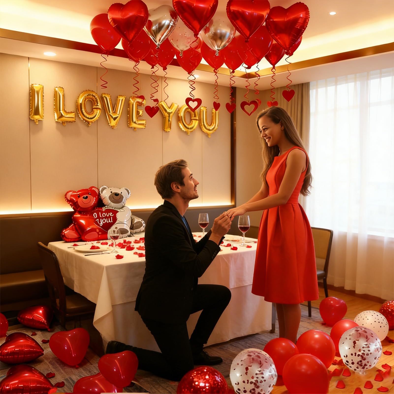 54pcs I Love You Heart Balloons Valentines Decoration with 50 Hanging 1000 Silk Rose Petal Bear Heart Shaped Silver Red Balloons for Romantic Night Wedding Anniversary Decor Valentines Party