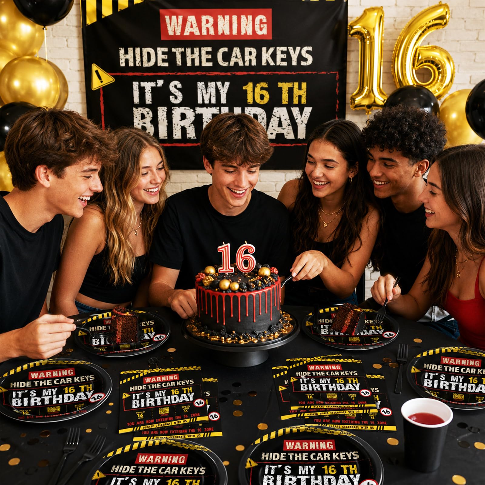 96 PCS Caution Logos 16th Birthday Party Paper Plates and Napkins 16 Years Old Party Decor Warning Sign Themed Teens 16th Dinnerware for Boys Girls 16 Years Old Birthday Gatherings Decorations