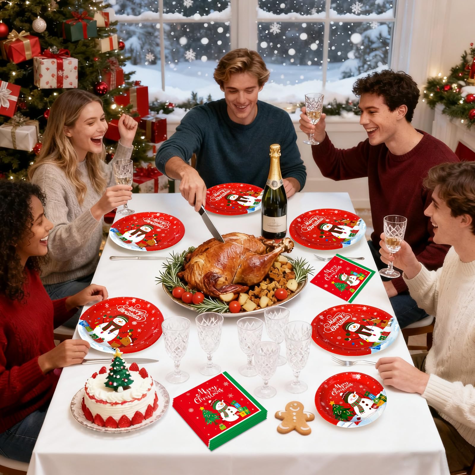 150 Pcs Merry Christmas Plates and Napkins Set - Xmas Paper Plates and Napkins, Snowman Dinner Dessert Plate Napkin Tableware Kit for Winter Christmas Party Supplies Table Decorations, Serve 50