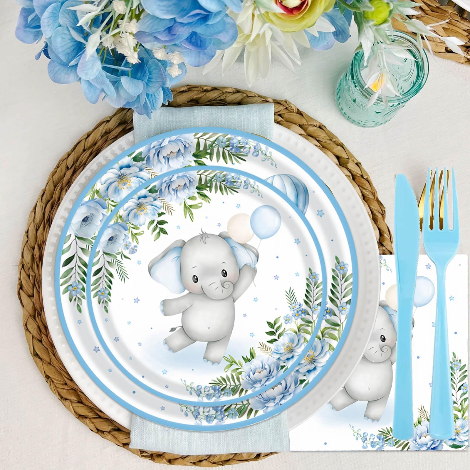 Elephant Baby Boy Shower Party Supplies - 175pcs Blue Elephant Party Decorations Paper Plates Napkins Cups and Utensils Tableware Sets Blue Floral Theme Birthday Party Tableware Set