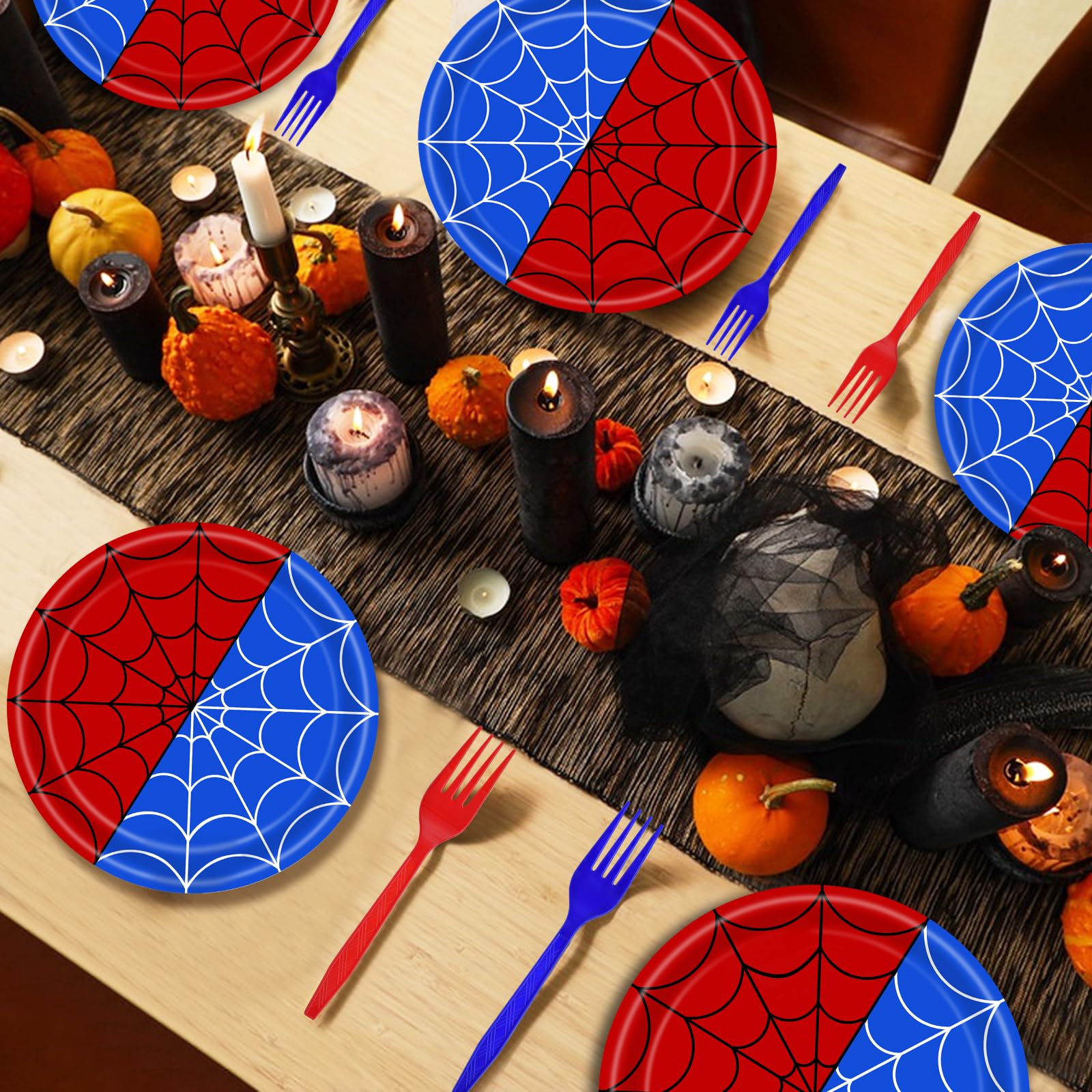 100 Pieces Halloween Spider Web Party Tableware Set – Red Blue Web Plates, Napkins and Forks, Disposable Dinnerware for Boys Birthday and Halloween Party Supplies