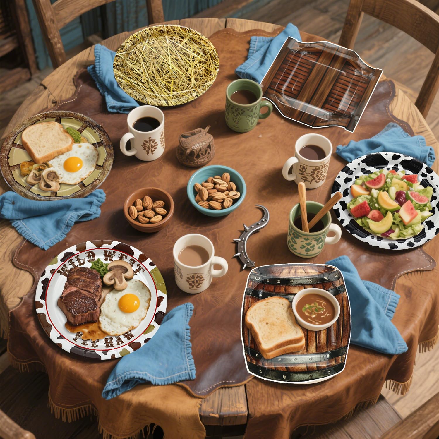 APUXXJUPA 60 Pcs Western Cowboy Party Plates, 9'' Wild West Theme Print Plates for Cowboy Baby Shower Decorations Western Party Decorations