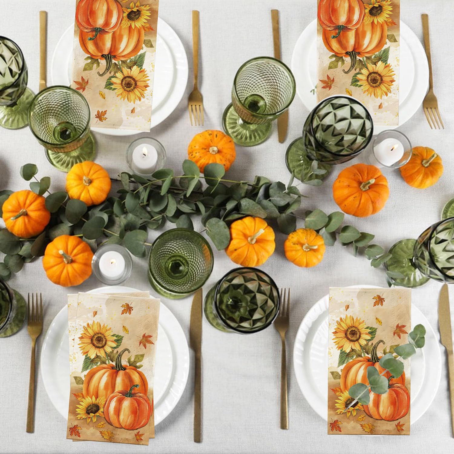 100 Pcs Fall Napkins, Fall Disposable Paper Decorative Guest Napkins, Thanksgiving Harvest Pumpkin & Sunflower Hand Towel for Party Lunch Dinner Kitchen Bathroom Decor