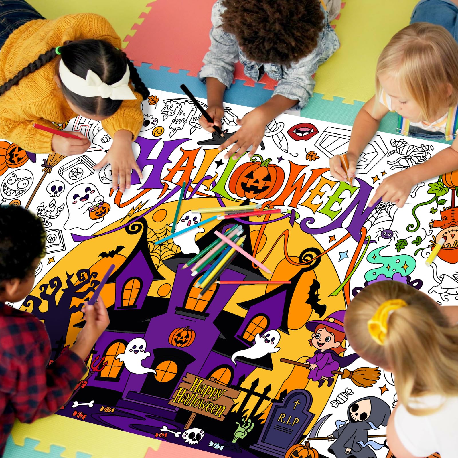 Halloween Activity Poster, 31.5 x 72 Inch Halloween Craft Paper Coloring Banner, Halloween Tablecloth for Kids, Halloween Decorations for School Party, Classroom Activities and Special Events