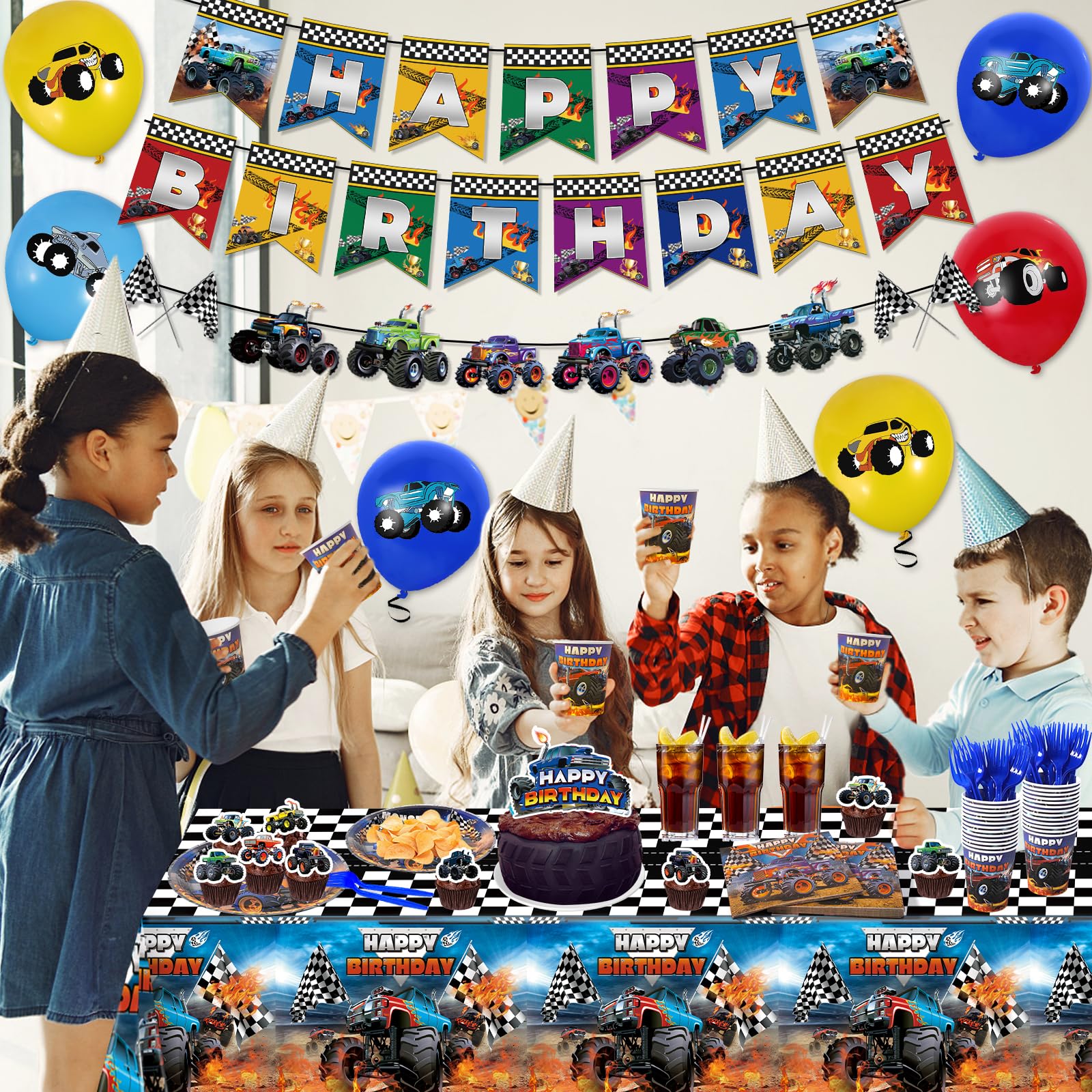 Monster Truck Birthday Party Decorations Tableware, Machines Jam Birthday Party Supplies Serve 24 with Balloons Plates and Napkins for Boys