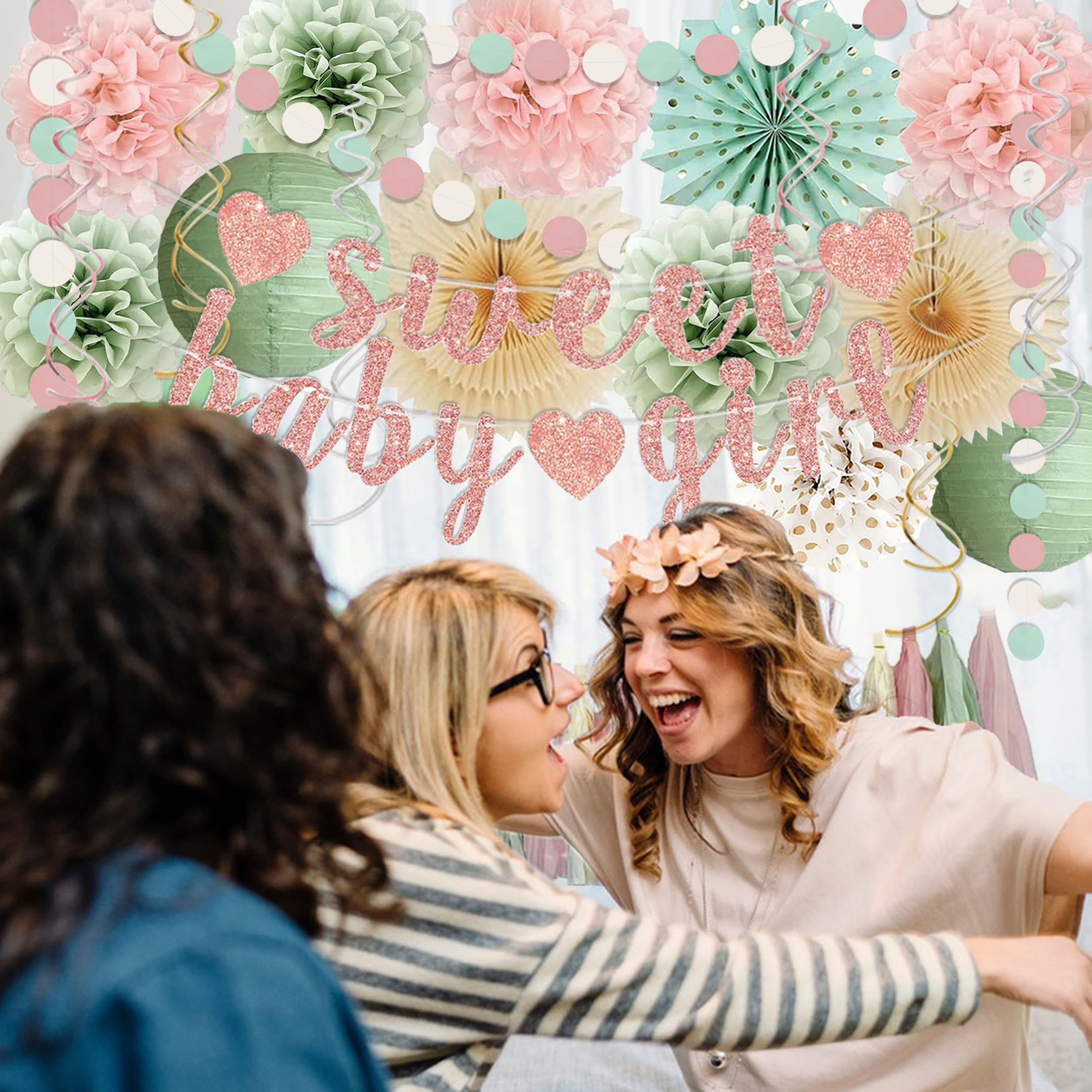 Sage Green and Blush Pink Baby Shower Decorations - Sweet Baby Girl Banner, Olive Green Lanterns, Streamers, Tissue Pom Poms, Paper Fans, Pink Beige Boho Paper Tassel, Rustic Backdrop Decor