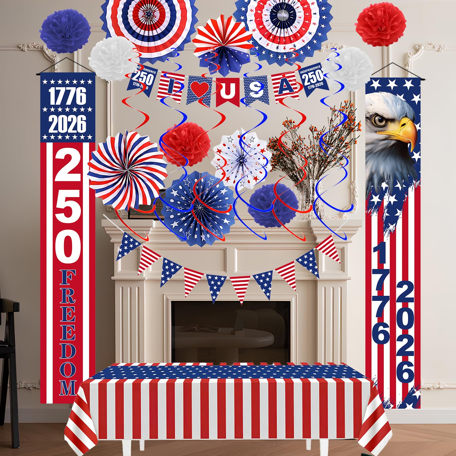 250th Anniversary Party 4th of july Decorations Set, 29 PCS Red White Blue Patriotic Decor with Paper Fans, Pom Poms, Tablecloth, Hanging Swirls and Door Banners