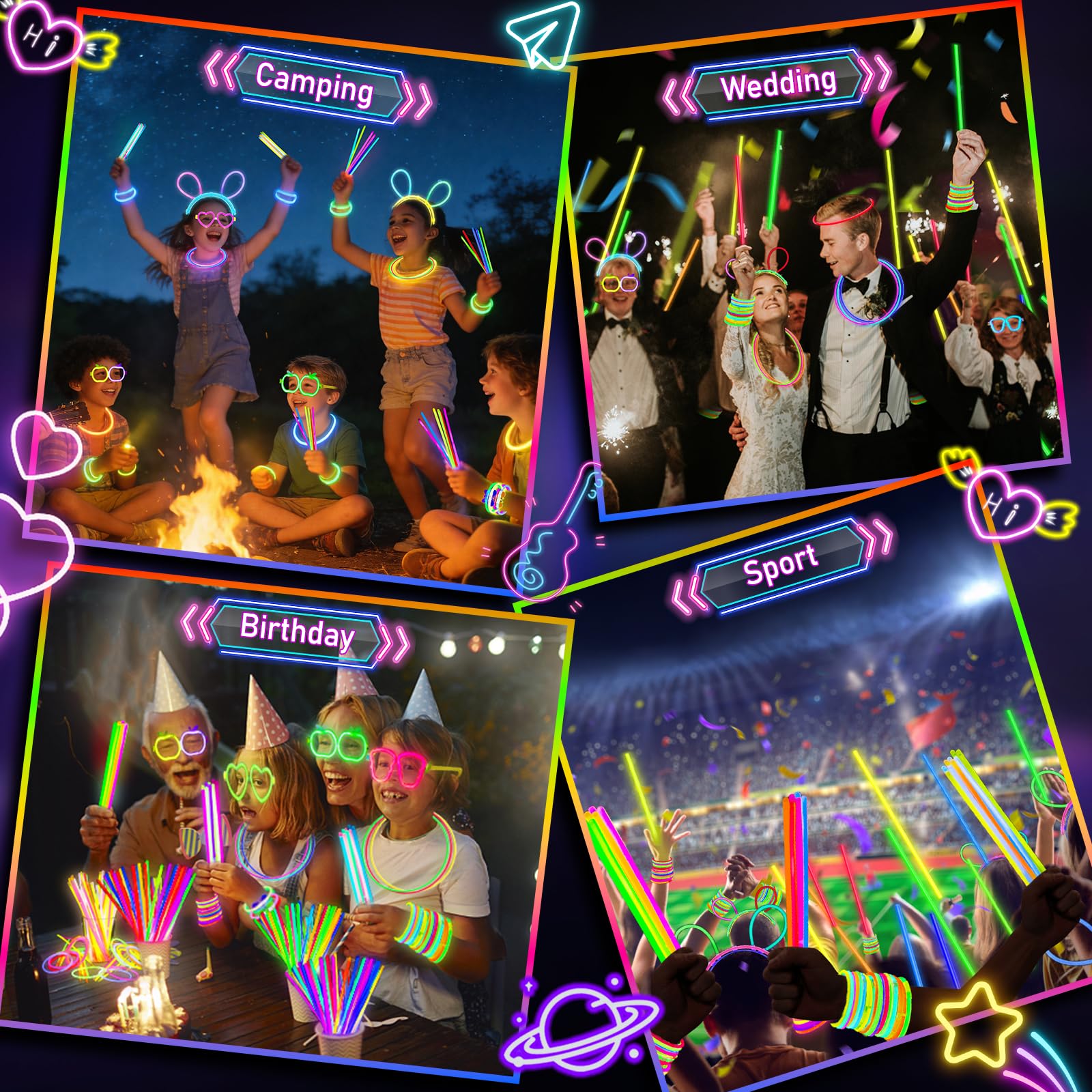 SHQDD 100 Glow Sticks Bulk Party Pack, 8” Neon Halloween Glow Sticks, DIY Glowsticks with Connectors Bracelets & Necklaces, Glow in the Dark Party Supplies for Kids, Adults, Parties