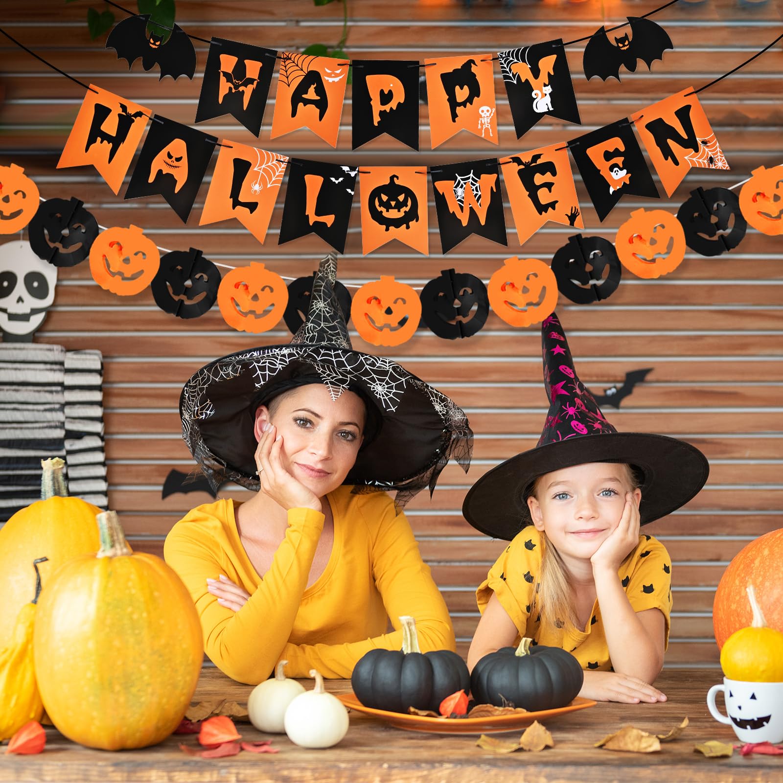 AhfuLife Halloween Party Decorations Set, Reusable Halloween Indoor Decorations Kit Including HAPPY HALLOWEEN Paper Banner for Home Decor, Trick or Treat Sign, Pumpkin Bat Hanging Swirl