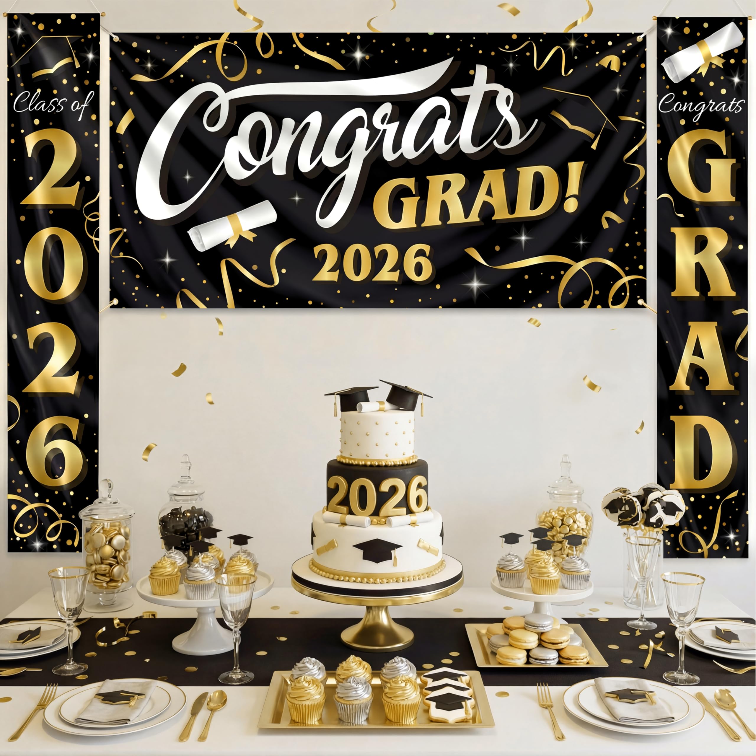 JOYIN 3 Pcs Graduation Decorations Class of 2026, Large Graduation Banners Set, Gold & Black Congrats Grad Party Backdrop and Banner Hanging Porch Supplies for College Graduation Indoor/Outdoor Decor