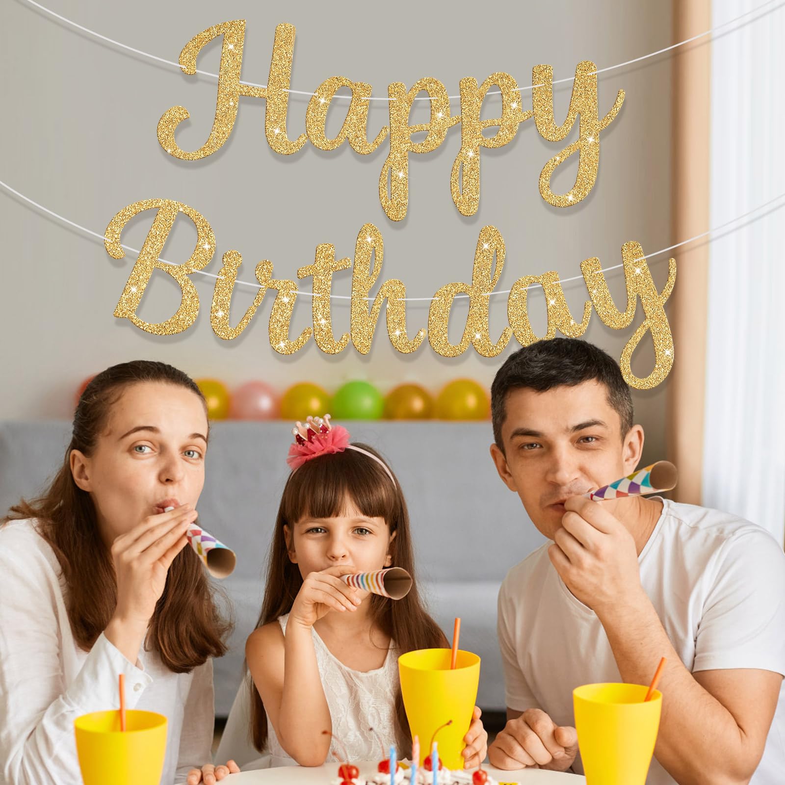 JHZMCRX Glitter Happy Birthday Banner Sign Birthday Garland Wall Door Banners Flag for Women Men Boys Girls Party Backdrop Decorations Gold