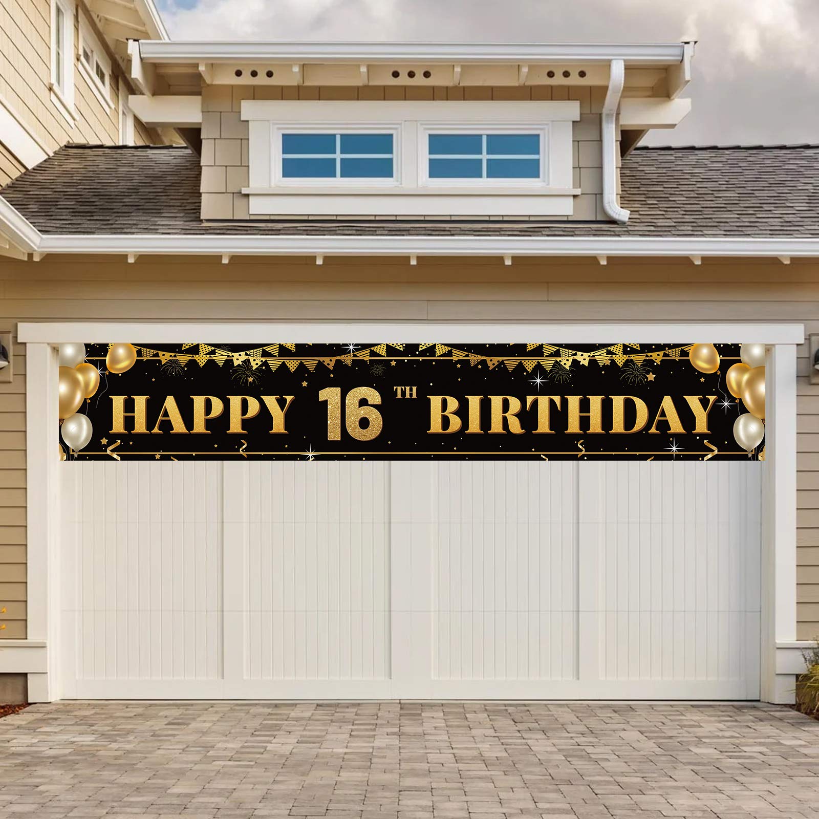 Large Happy 15th Birthday Decoration Banner, Black and Gold Happy 15th Birthday Banner Sign, 15th Birthday Party Decorations Supplies(9.8x1.6ft)
