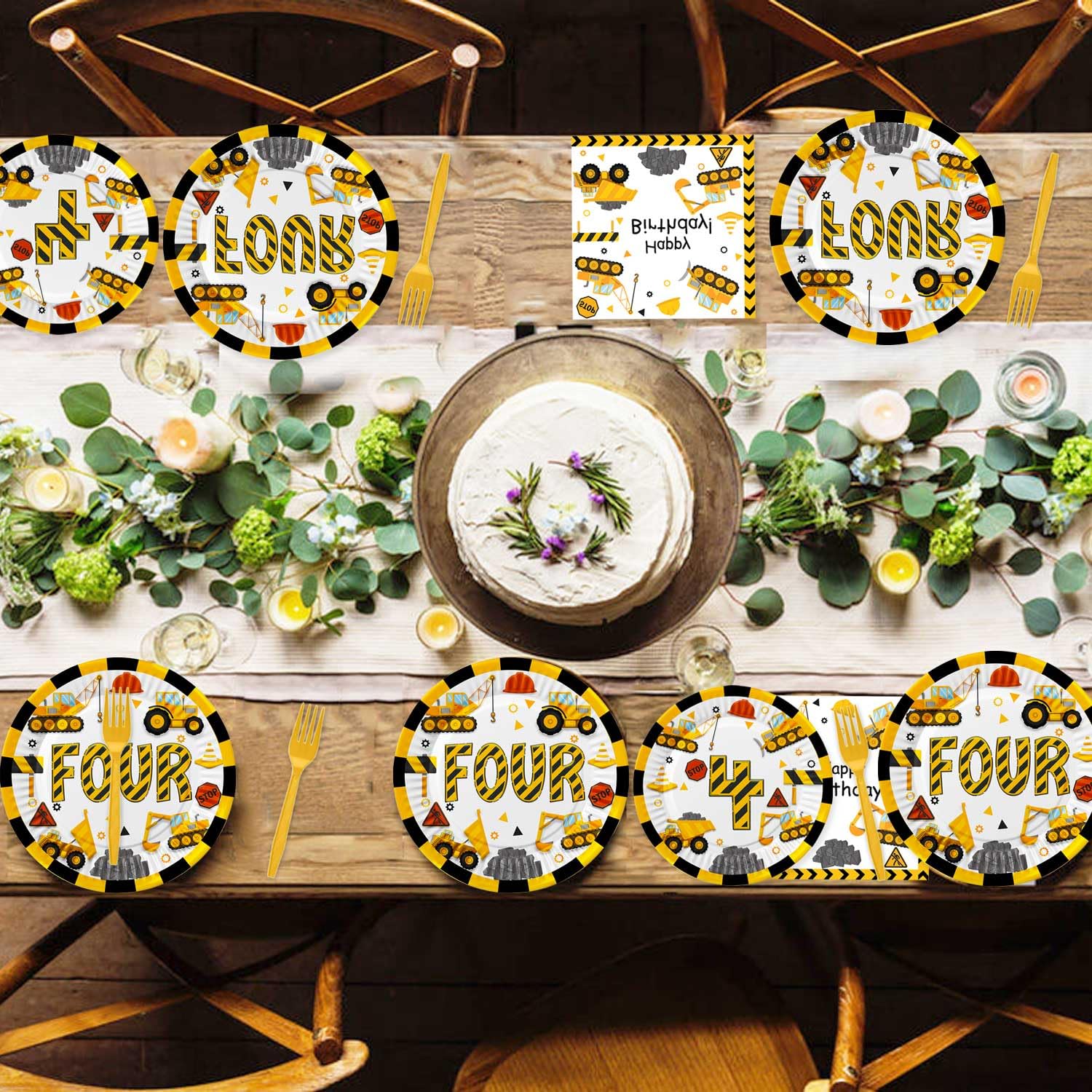 Letromp 80 Pcs Construction 4th Birthday Decorations Construction Four Years Old Disposable Paper Dinner Plates Napkins Forks Dinnerware for Dump Truck Theme Fouth Bday Party Supplies Decorations