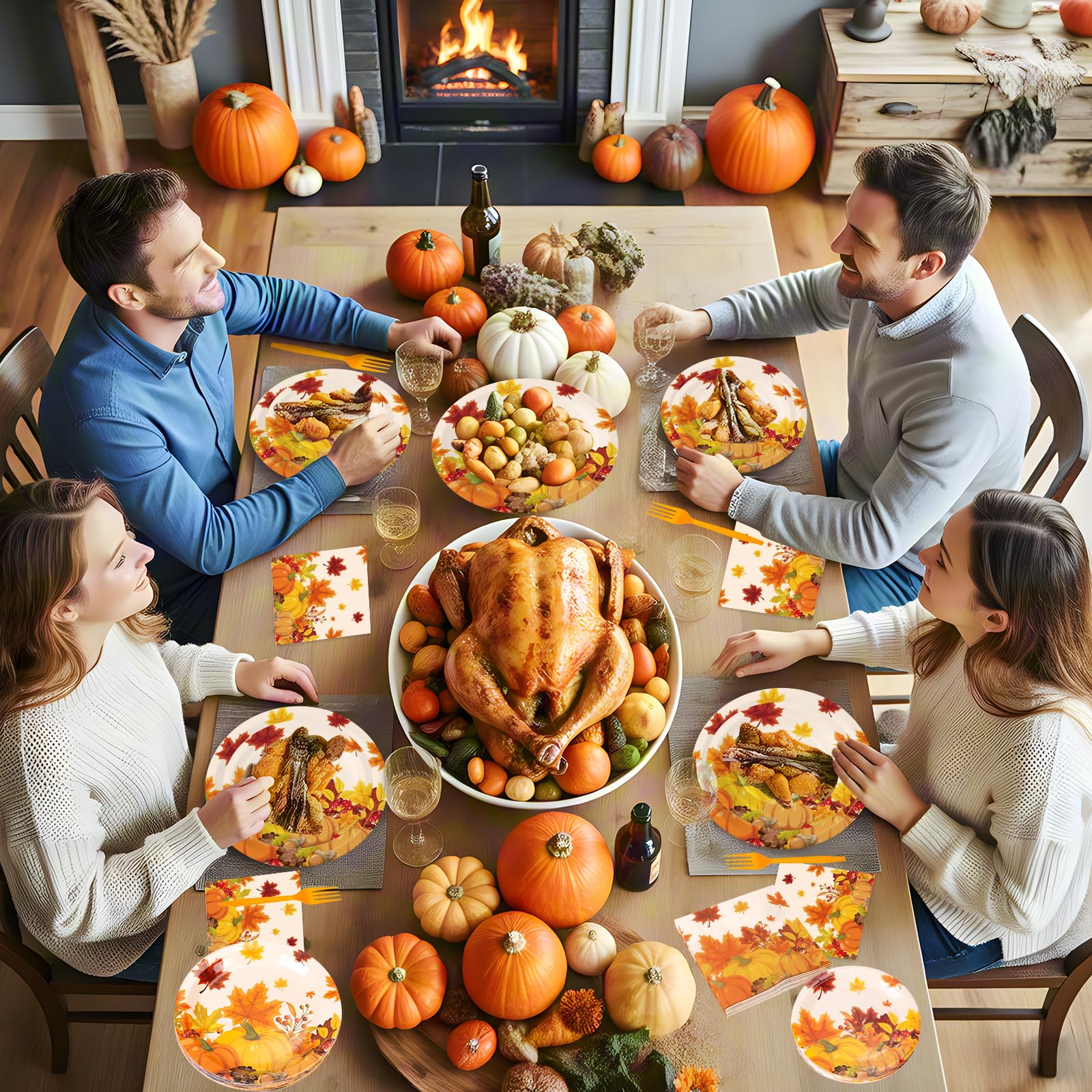 100 Pcs Thanksgiving Plates and Napkins Sets - Fall Pumpkin Maple Leaf Round Tableware, Disposable Thanksgiving Paper Plates and Napkins Forks for Thanks giving Party Supplies Table Decor, Serves 25