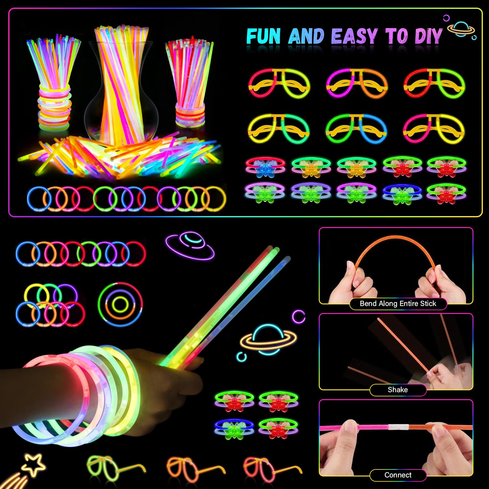 OLUPP Glow In The Dark Party Supplies, 264 PCS Light Up Favors with LED Glasses, Glow Sticks, Finger Lights, LED Hair Clips, Slingshot, Glasses Molds, Butterfly Bracelet for Neon,Raves, Halloween, NY