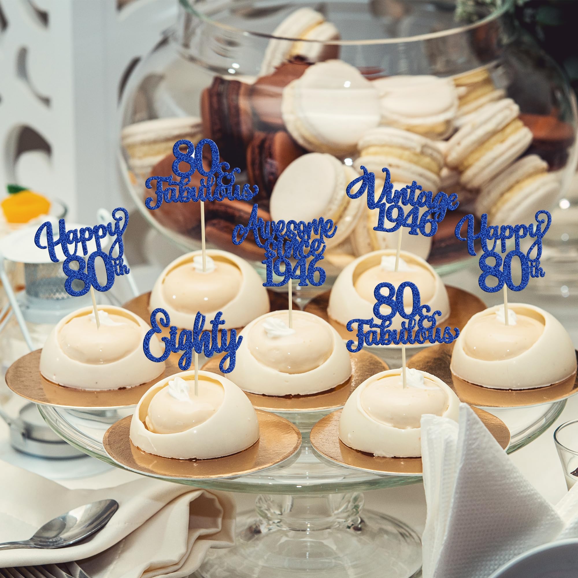 Ephlyn 30Pcs Happy 80th Birthday Cupcake Toppers Glitter Eighty 80 Fabulous Vintage 1946 Cupcake Picks for 80th Birthday Anniversary Retirement Party Cake Decorations Supplies Dark Blue