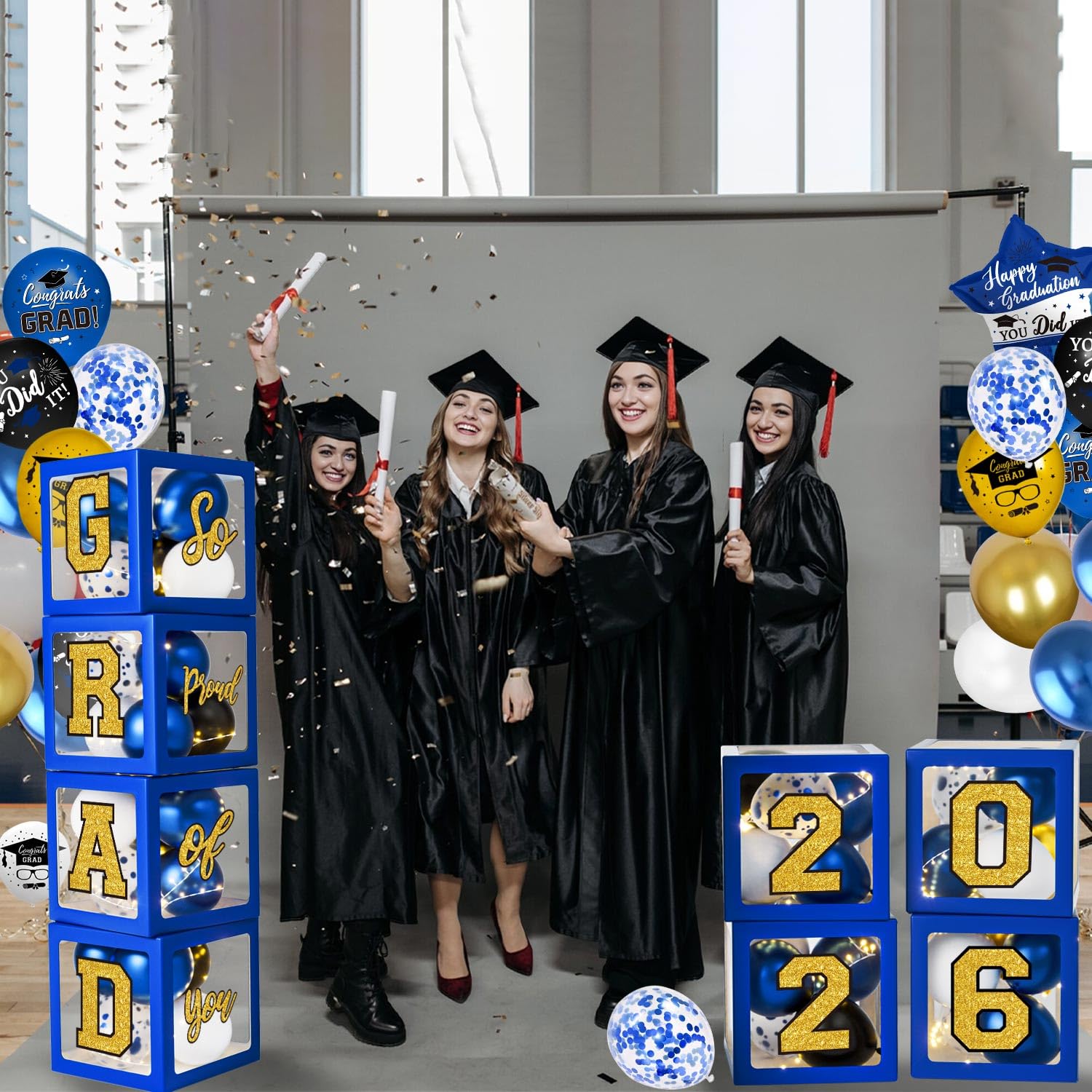 Graduation Decorations Class of 2026 - Blue and Gold Balloons Boxes with Letters 2026 GRAD So Proud of You - Complete Party Supplies for High School & College Celebrations