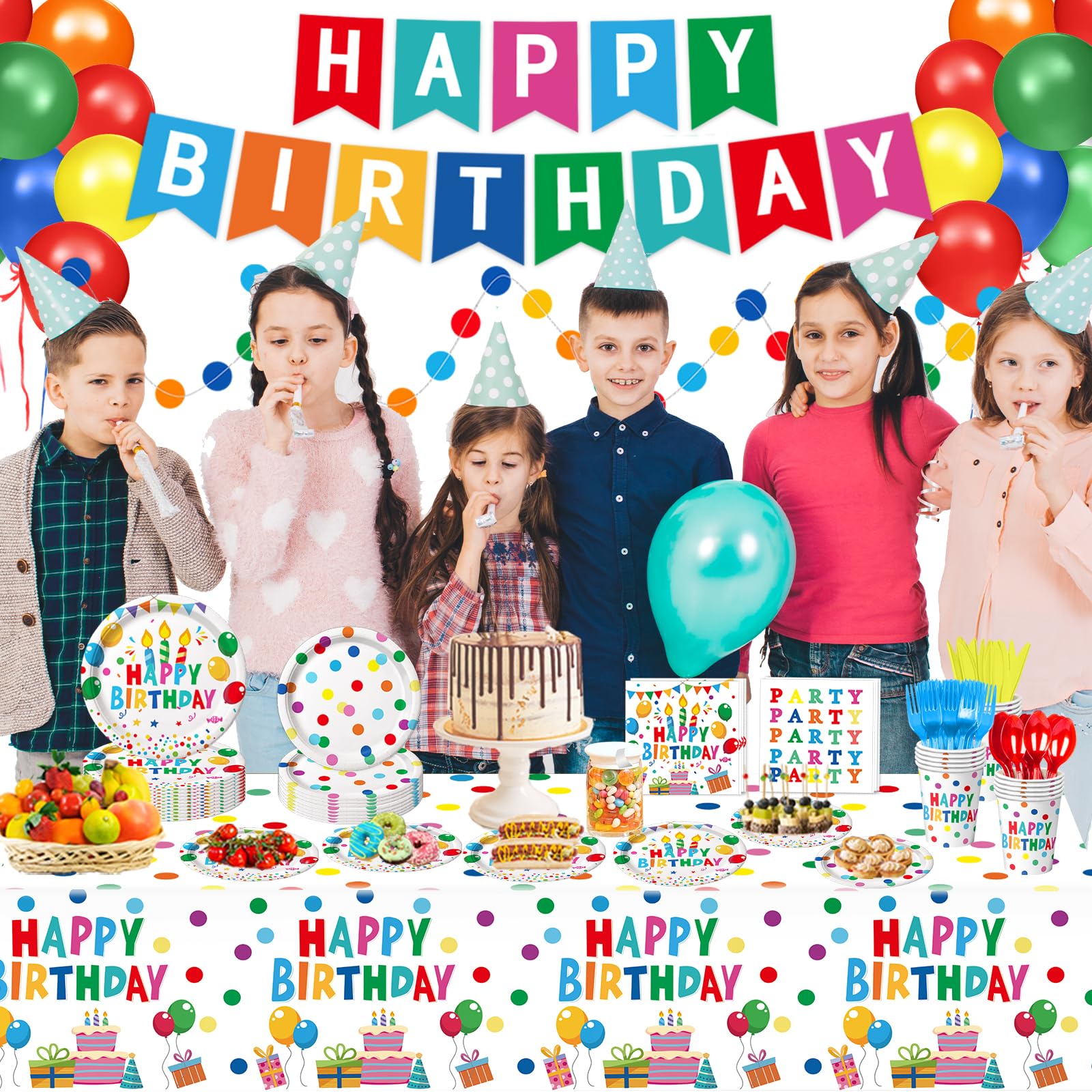 Happy Birthday Decorations - Colorful Dots Birthday Party Supplies Includes Plates, Napkins, Cups, Cutlery, Banner, Hanging Swirl, Tablecloth, Balloons for Birthday Decorations, Serves 24