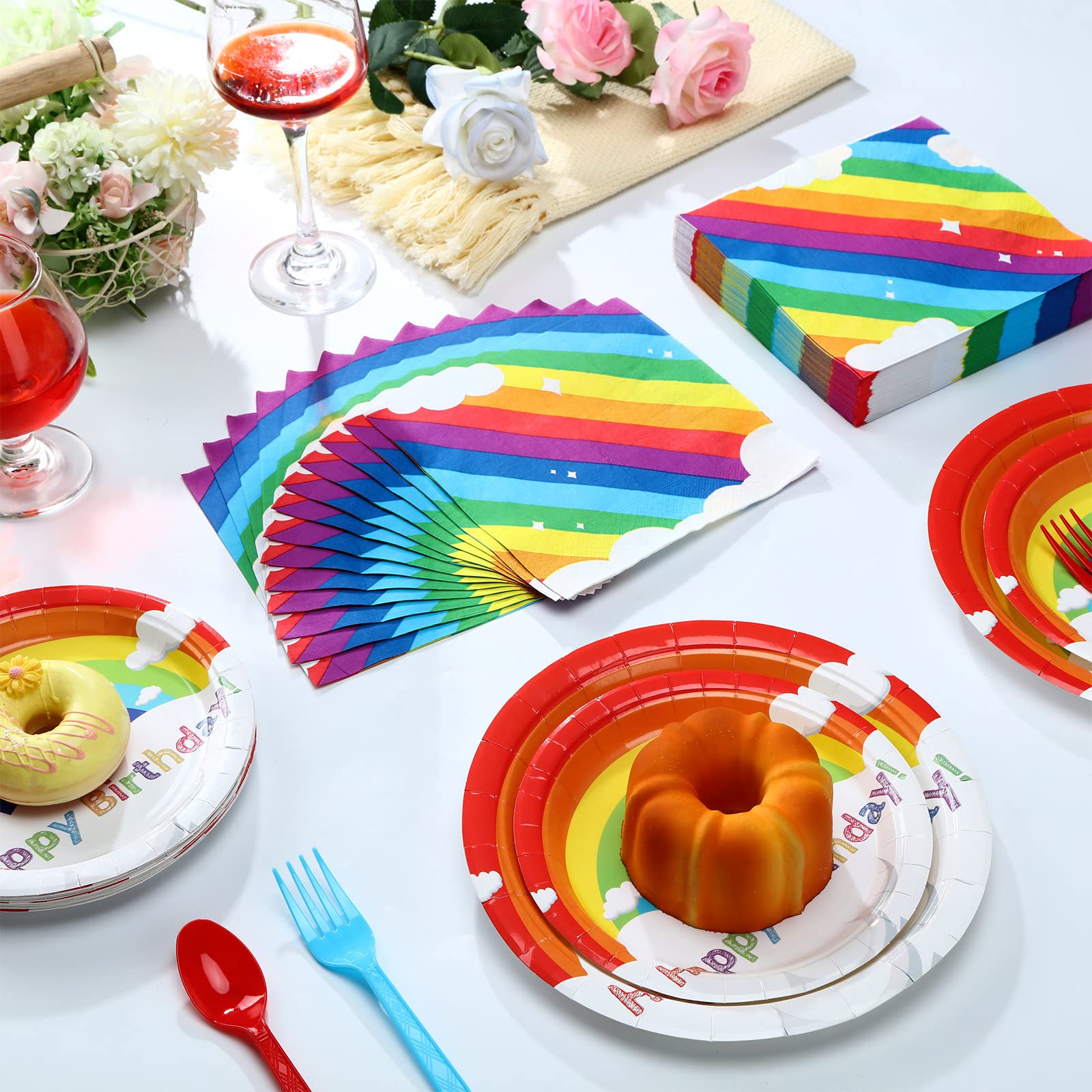 Jetec 240 Pcs Rainbow Birthday Party Supplies for 40 Guests, Colorful Disposable Tableware Set with Plates Napkins Cutlery, Easy Party Decorations for Birthday, Baby Shower, Rainbow Theme Celebration