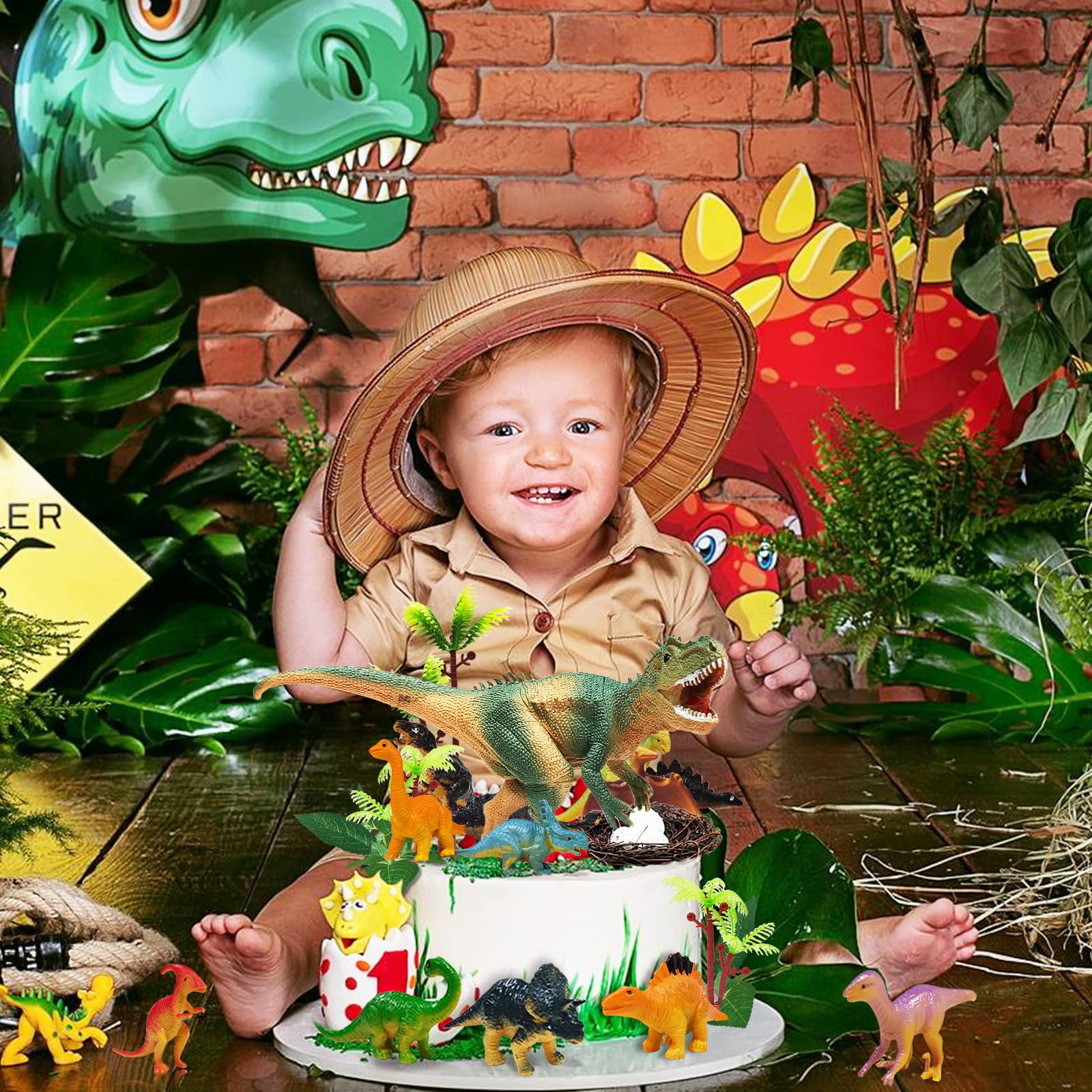 GLAHORSE 26 PCS Dinosaur Cake Toppers With Dinosaur Eggs Leaves Trees Cake Decorations For Birthday Party,dinosaur Themed party, Wild Animals Party,Kids Party Cake Decorations