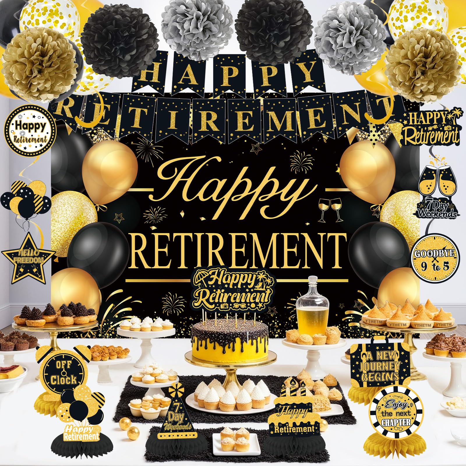 Retirement Party Decorations for Men Women Black Gold Happy Retirement Banner Backdrop Balloons Paper Pompoms Honeycomb Centerpiece Cake Topper Hanging Swirl Set
