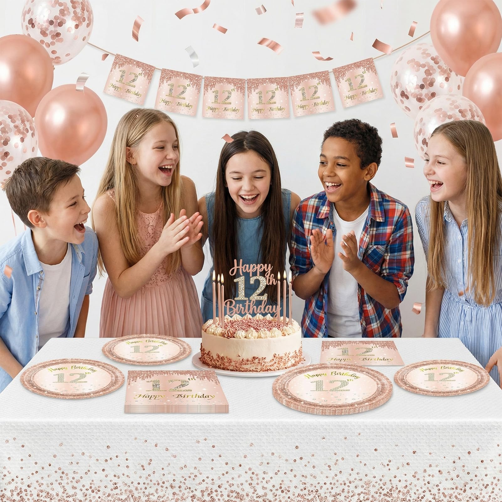 40Pcs 12th Birthday Decorations for Girls Rose Gold 12th Birthday Party Plates and Napkins Happy 12 Years Party Theme Tableware Disposable 7'' Paper Plates, Napkins for Her,Girls Teen Party Supplies