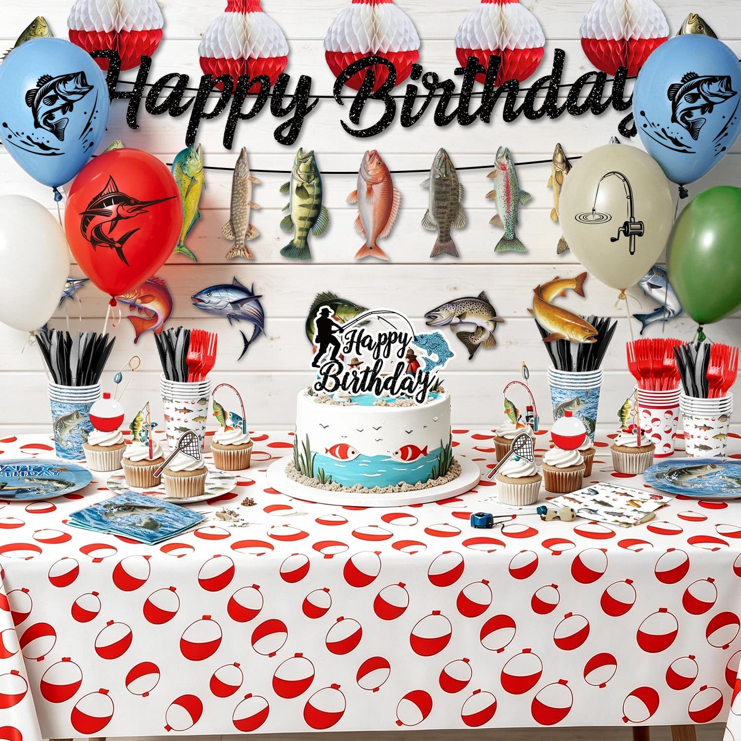 Fishing Birthday Party Decorations Kit with Plates, Napkins, Cups, Cutlery, Honeycomb Balls, Banner, Hanging Swirls, Tablecloths, Toppers, Balloons for Ofishally One Birthday Decorations, Serves 24