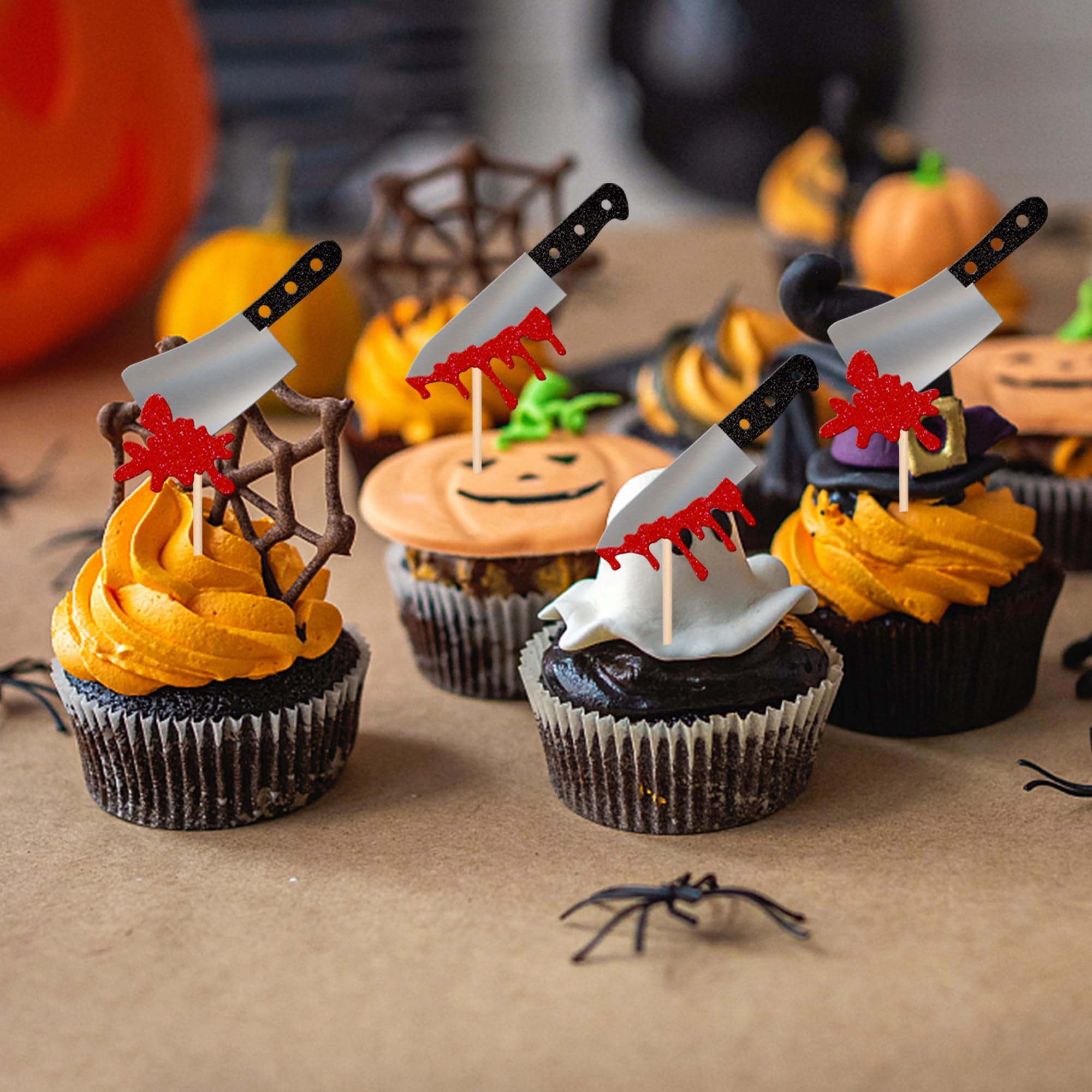 24 PCS Halloween Cupcake Toppers Glitter Spider Witch Hat Spooky Ghost Cat Pumpkin Cupcake Picks for Halloween Theme Baby Shower Kids Boys Girls Birthday Party Cake Decorations Supplies