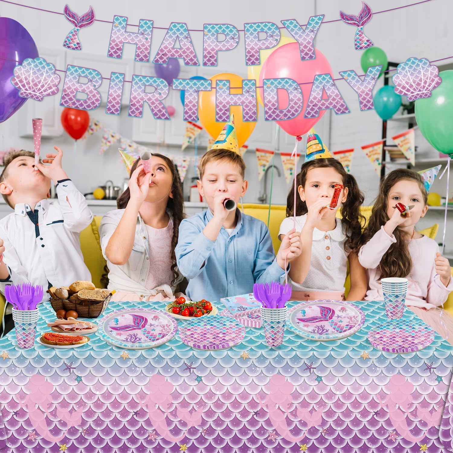 122Pcs Mermaid Birthday Party Decorations Set Mermaid Party Supplies Includes Plates, Napkin, Fork, Cup, Tablecloth, Banner for Ocean Birthday Party Decorations, Serves 24