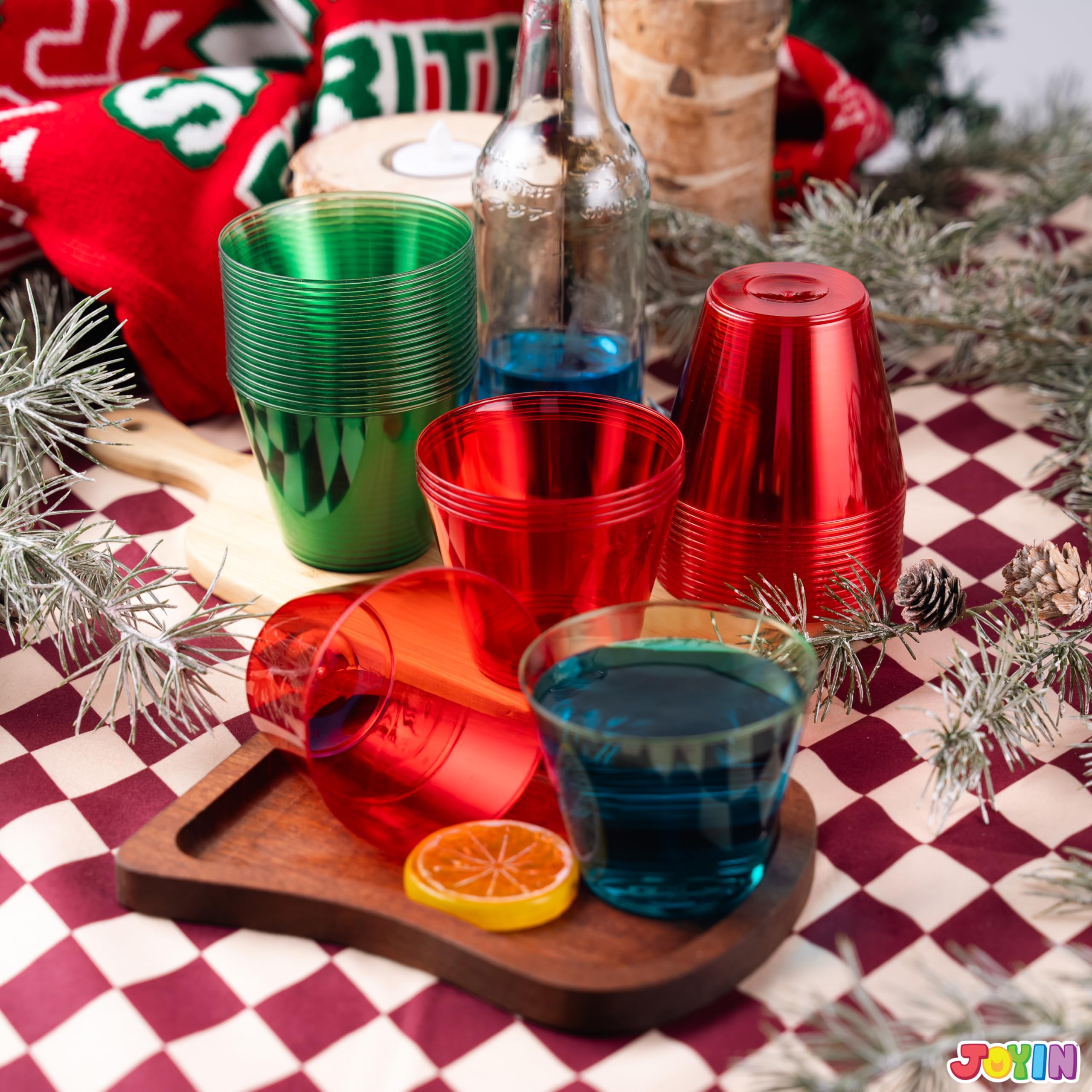 JOYIN 36 PCS Clear Disposable Plastic Cups, 9 OZ Christmas Red and Green Drinking Cups, Plastic Wine Glasses for Xmas Party Supplies, Wedding, Thanksgiving, Birthday, Holiday, New Year