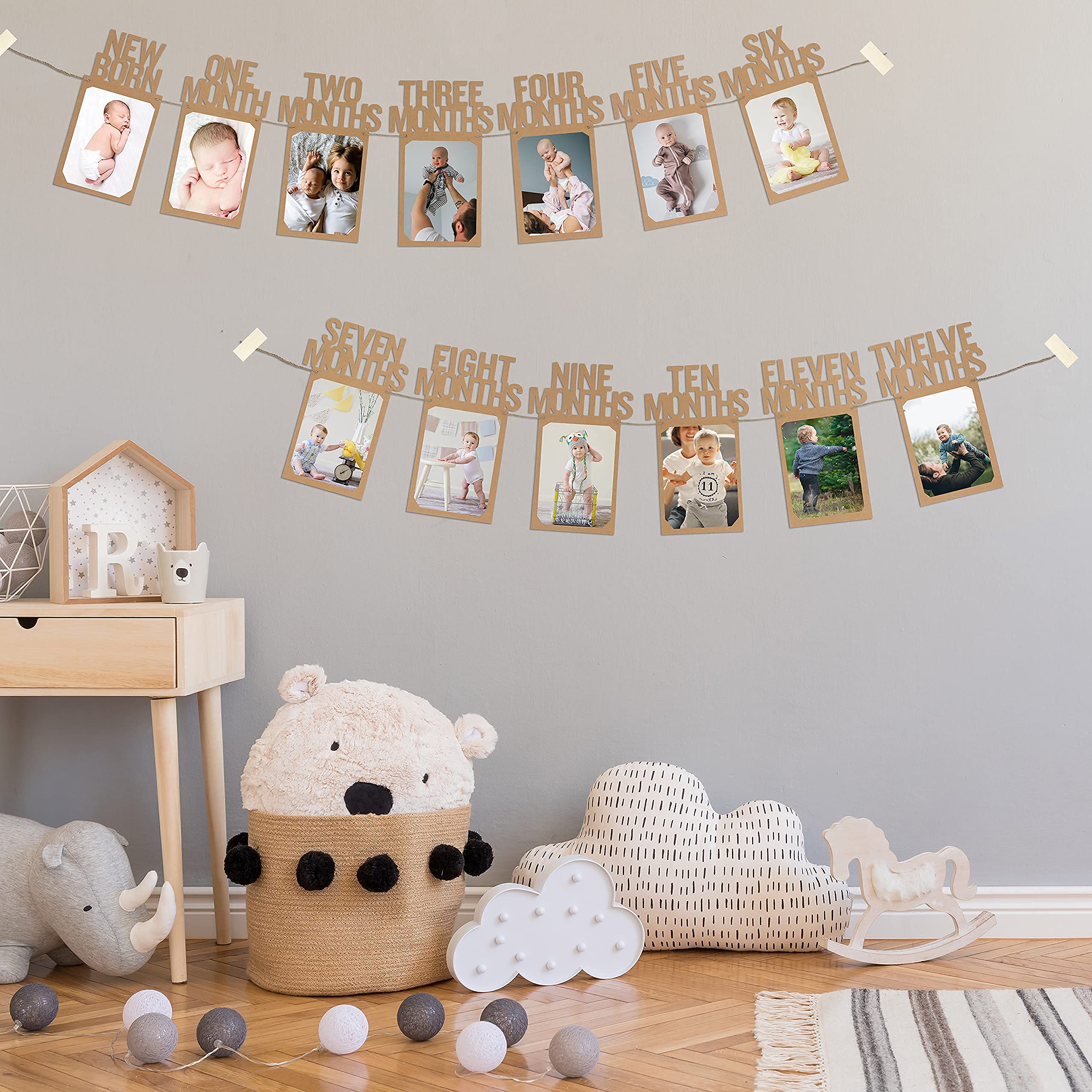 PartyHooman 1st Birthday Photo Banner for Baby from Newborn to 12 Months, First Birthday Decorations Boy or Girl Monthly Milestones Garland | 1 Year Old Photo Banner Pre-strung with Frame (Kraft)