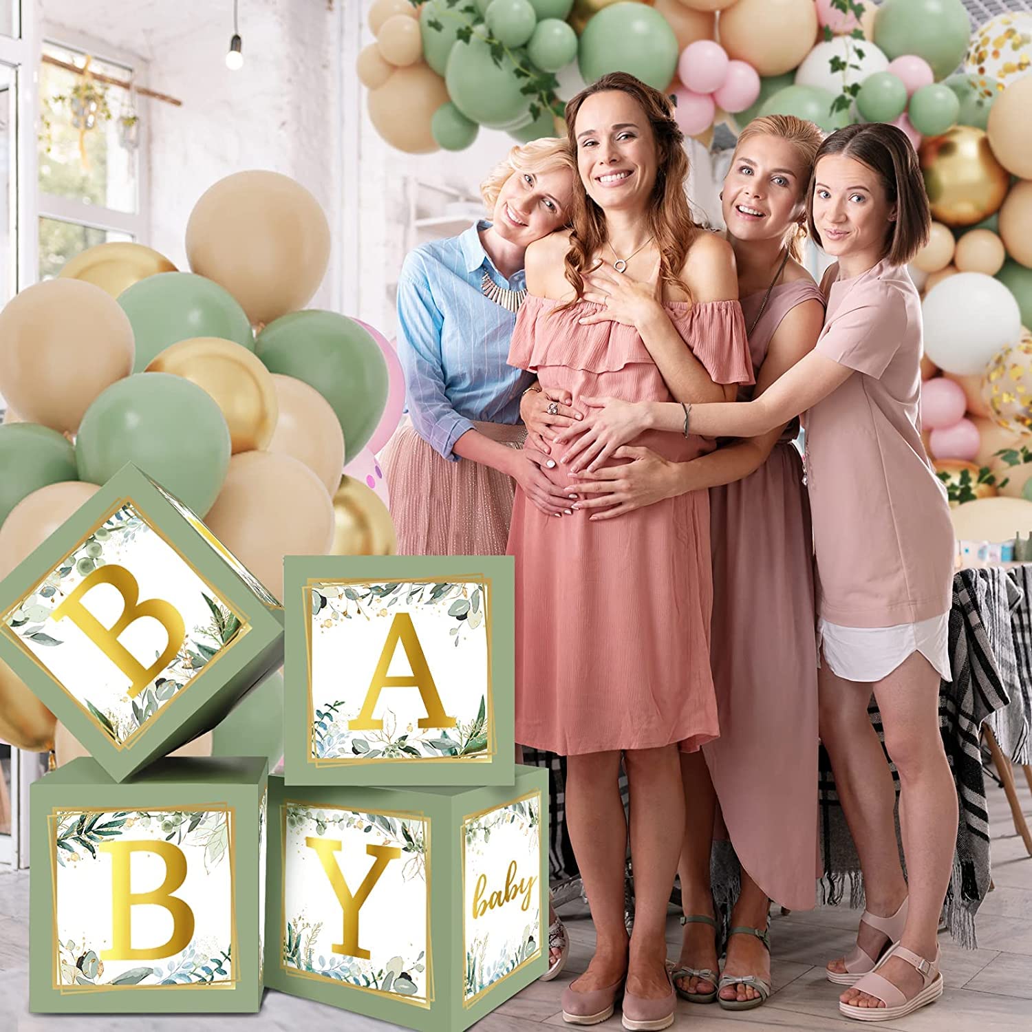 RUBFAC Baby Shower Boxes with Letters, 4pcs Sage Green Baby Shower Decorations for Boy Girl Balloon Boxes Gender Reveal Birthday Party Favors